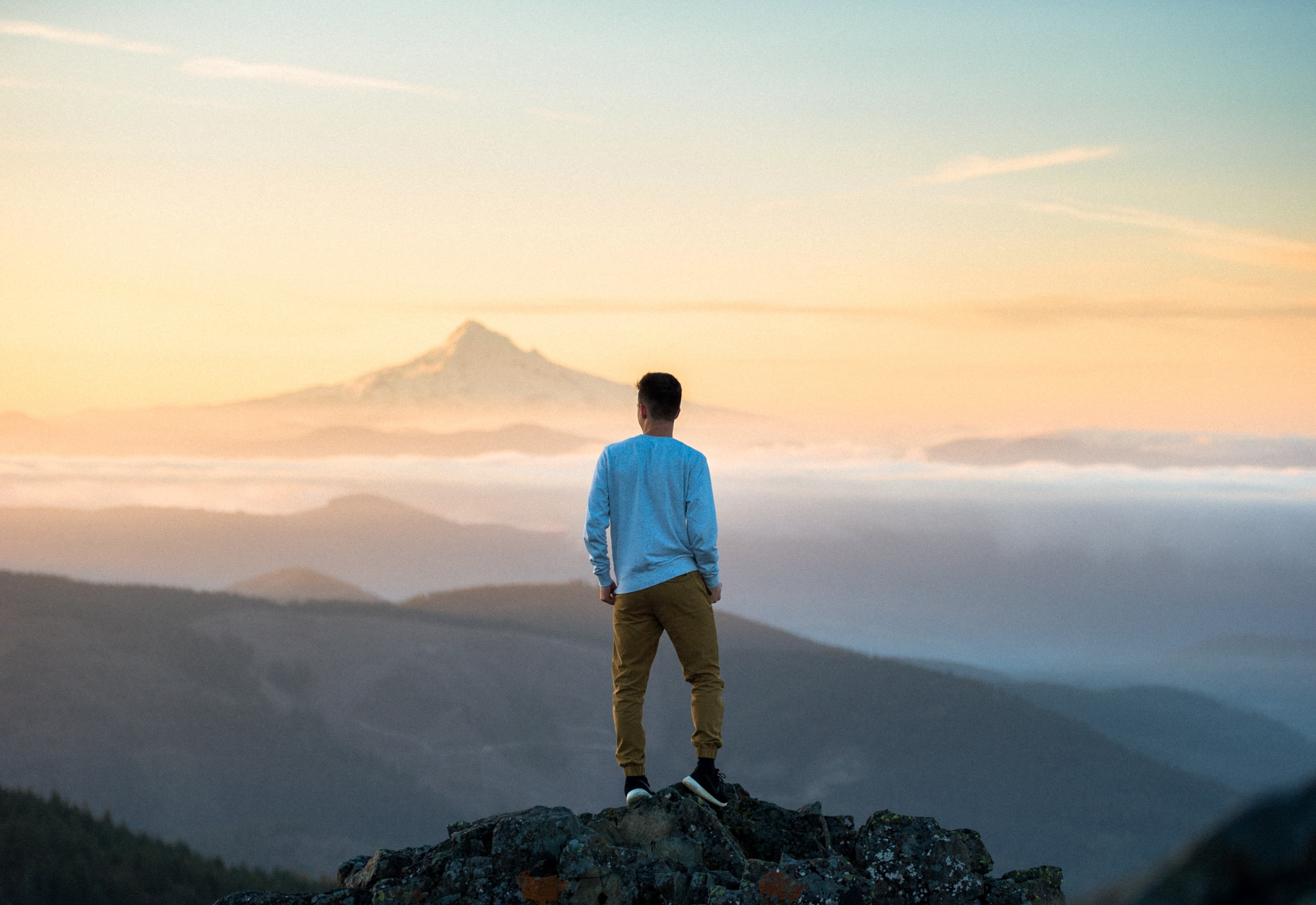 mountain, nature, tranquility, climbing, man, adventure, rock, top, standing, travel, leisure activity, rear view, solid, back, mountaineer, peak, holiday, HD Wallpaper