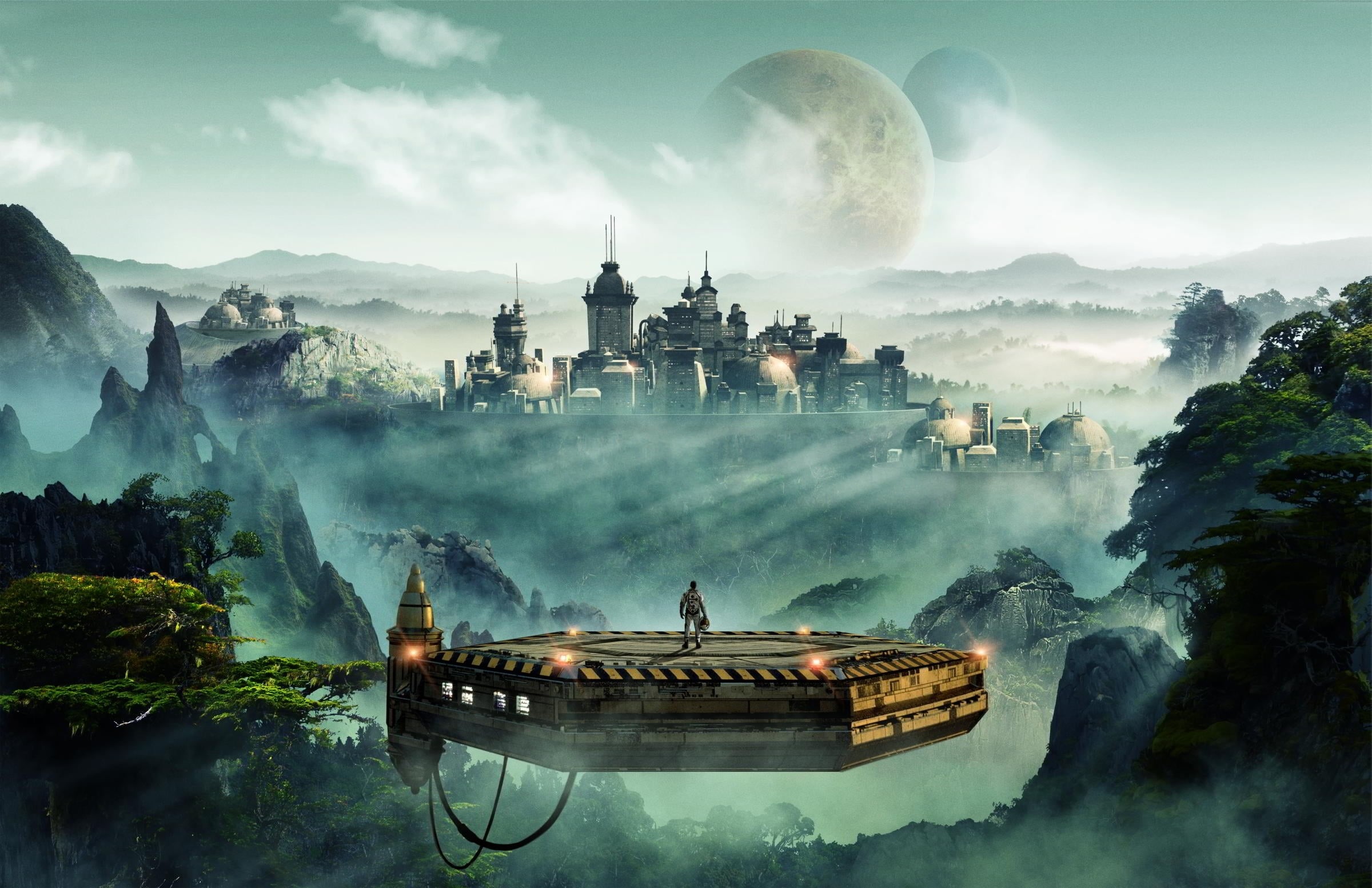 1080P, beauty in nature, cliff, man, dawn, scenics - nature, architecture, mountain, cosmonaut, Sid Meier, the moon, cloud - sky, future, men, fog, HD Wallpaper