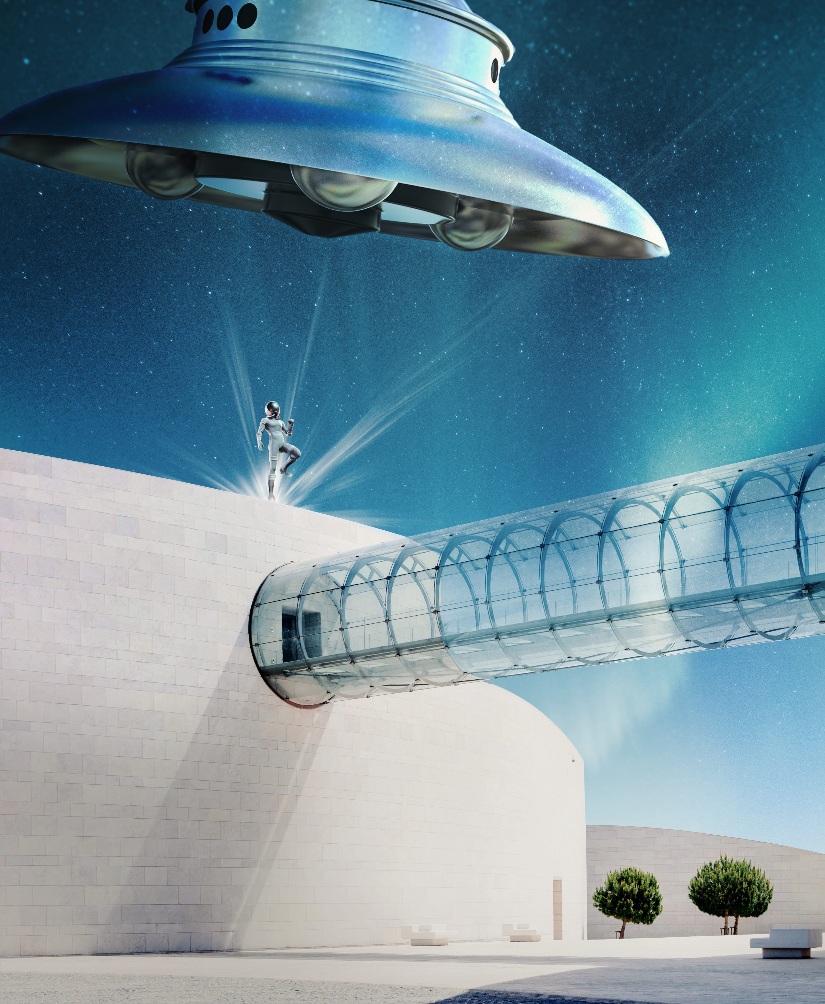 astronaut, outdoors, cosmonaut, architecture, building exterior, kozmonautika, tower, the acs, aurora, imagination, built structure, flying, sci fi, bodysuit, Phone HD Wallpaper