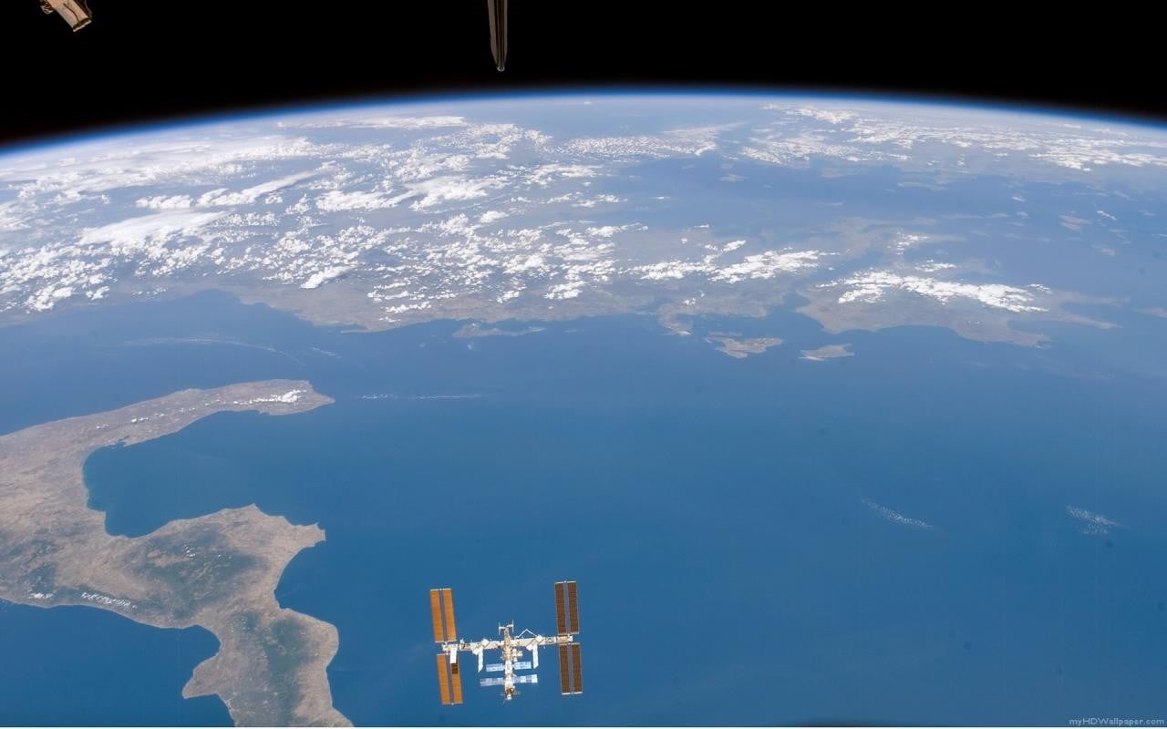 sky, grey, space, water, sea, outdoors, day, astronomy, space exploration, no people, space station, building exterior, Earth, built structure, satellite, HD Wallpaper