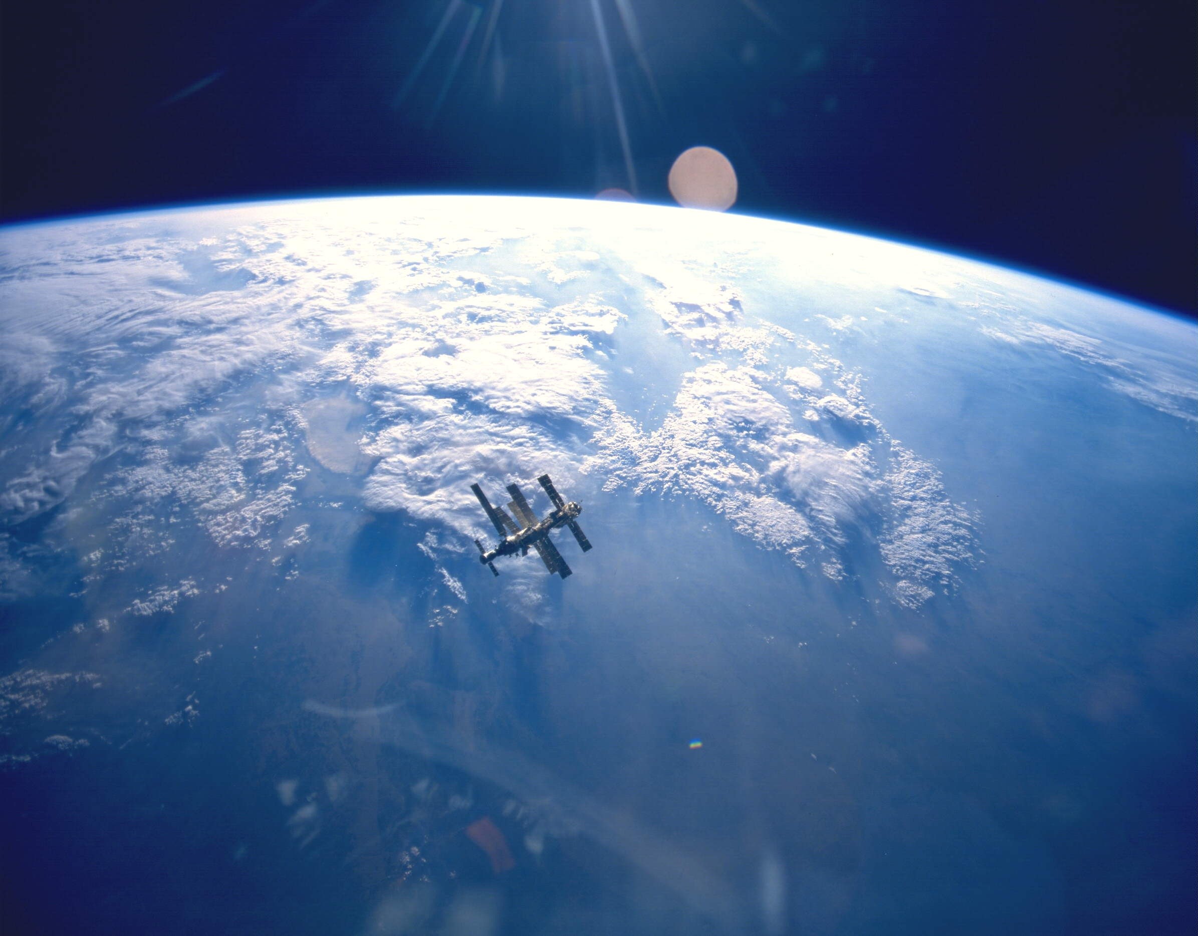 horizon, space, orbit, lens flare, blue, nature, airplane, aerial View, gray, earth, planet - space, space station, 1080P, spacecraft, space exploration, HD Wallpaper