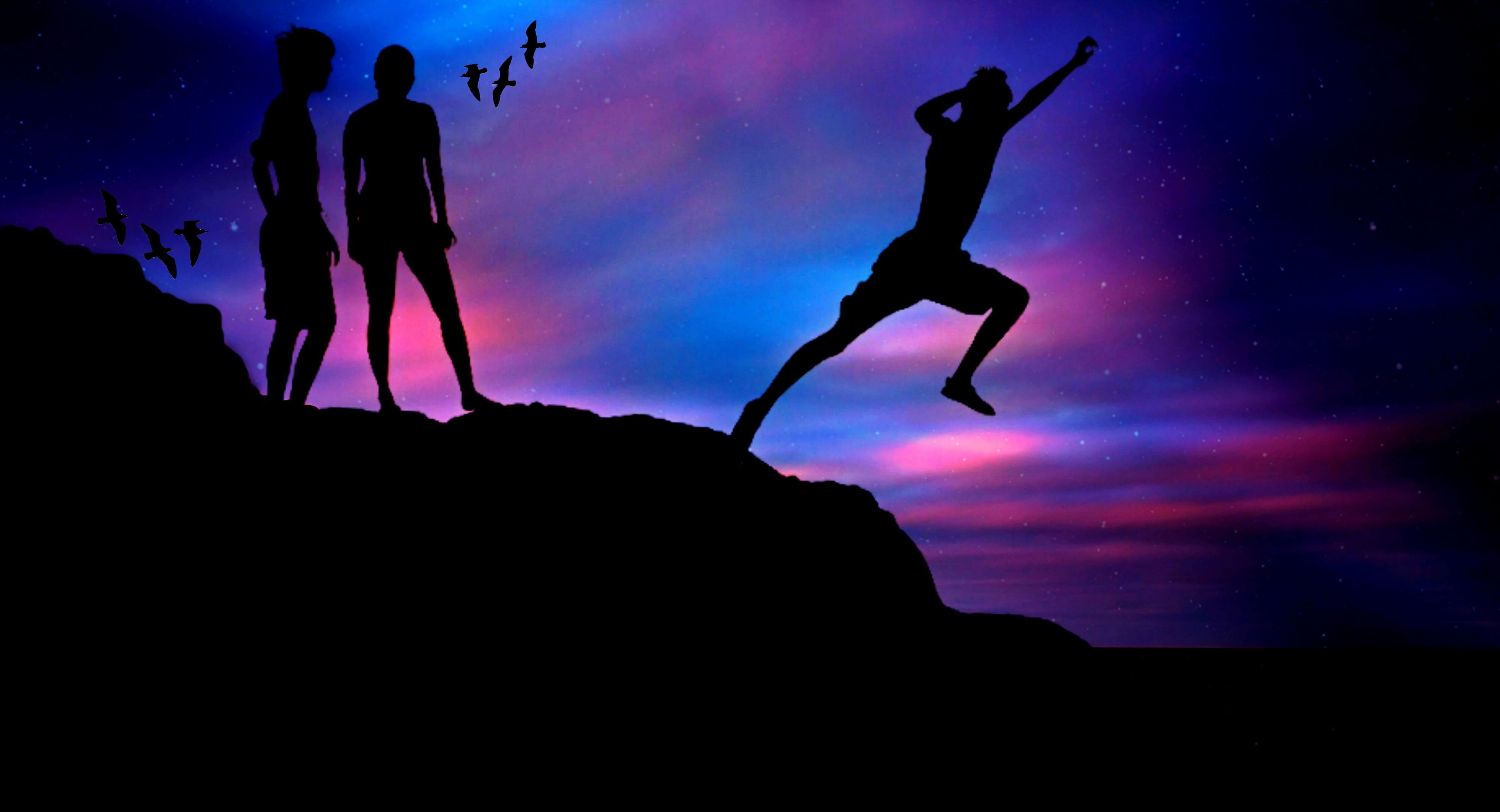 evening sky, coast, sporty, motion, standing, gulls, test of courage, adult, holidays, scenics - nature, jumping, star - space, courage, people, twilight, HD Wallpaper