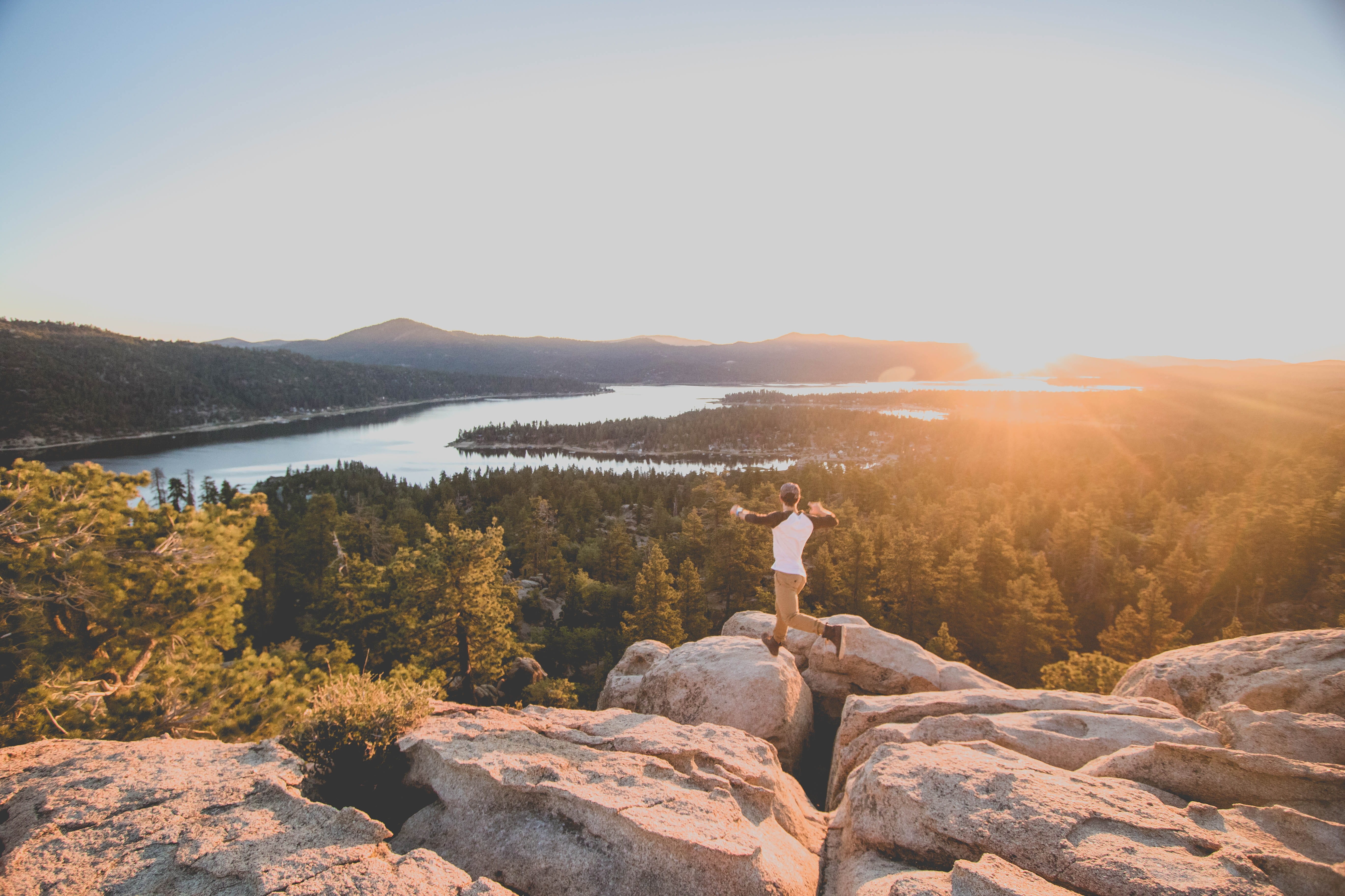 nature, real people, tranquility, outdoors, leisure activity, jump, rocks, people, rock, hiking, Big Bear Lake, 5K, landscape, big, solid, lens flare, HD Wallpaper