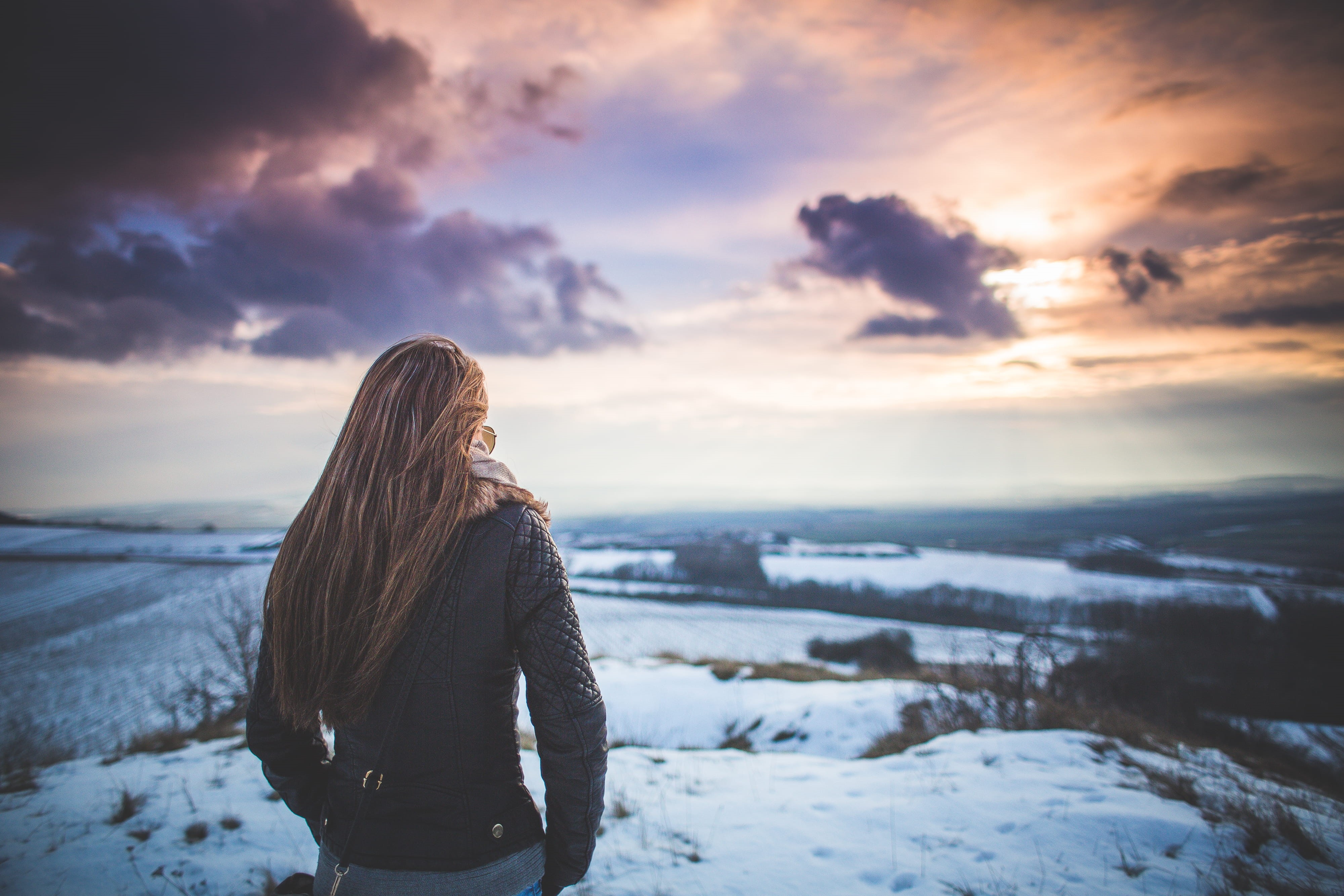 people, rear view, looking, sea, snow, long hair, women, young Adult, standing, clouds, cold, lifestyles, 4K, hairstyle, fantasy, sunlight, one woman only, HD Wallpaper