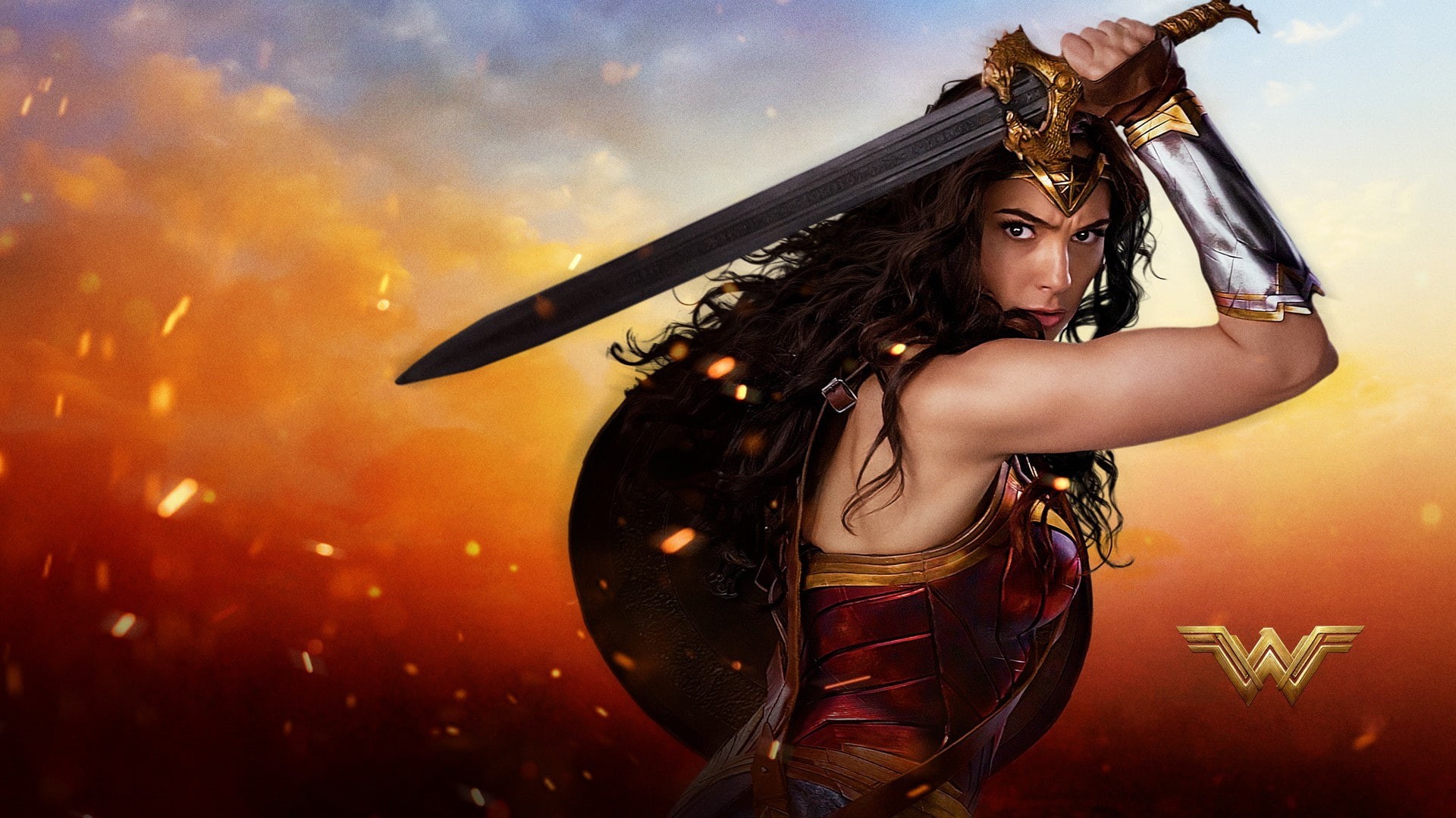 DC Comics, gauntlet, Wonder Woman, 1080P, blade, cinema, League of Justice, armor, flame, Diana, Batman v Superman Dawn of Justice, warrior, movie, brunette, HD Wallpaper