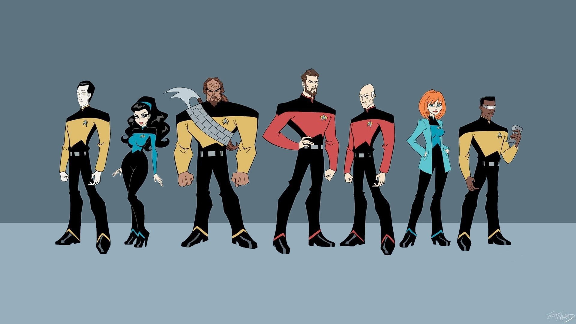 cartoon, mid adult, studio shot, men, mature adult, full length, mature men, young men, front view, females, standing, young adult, artwork, trek, Star Trek, HD Wallpaper
