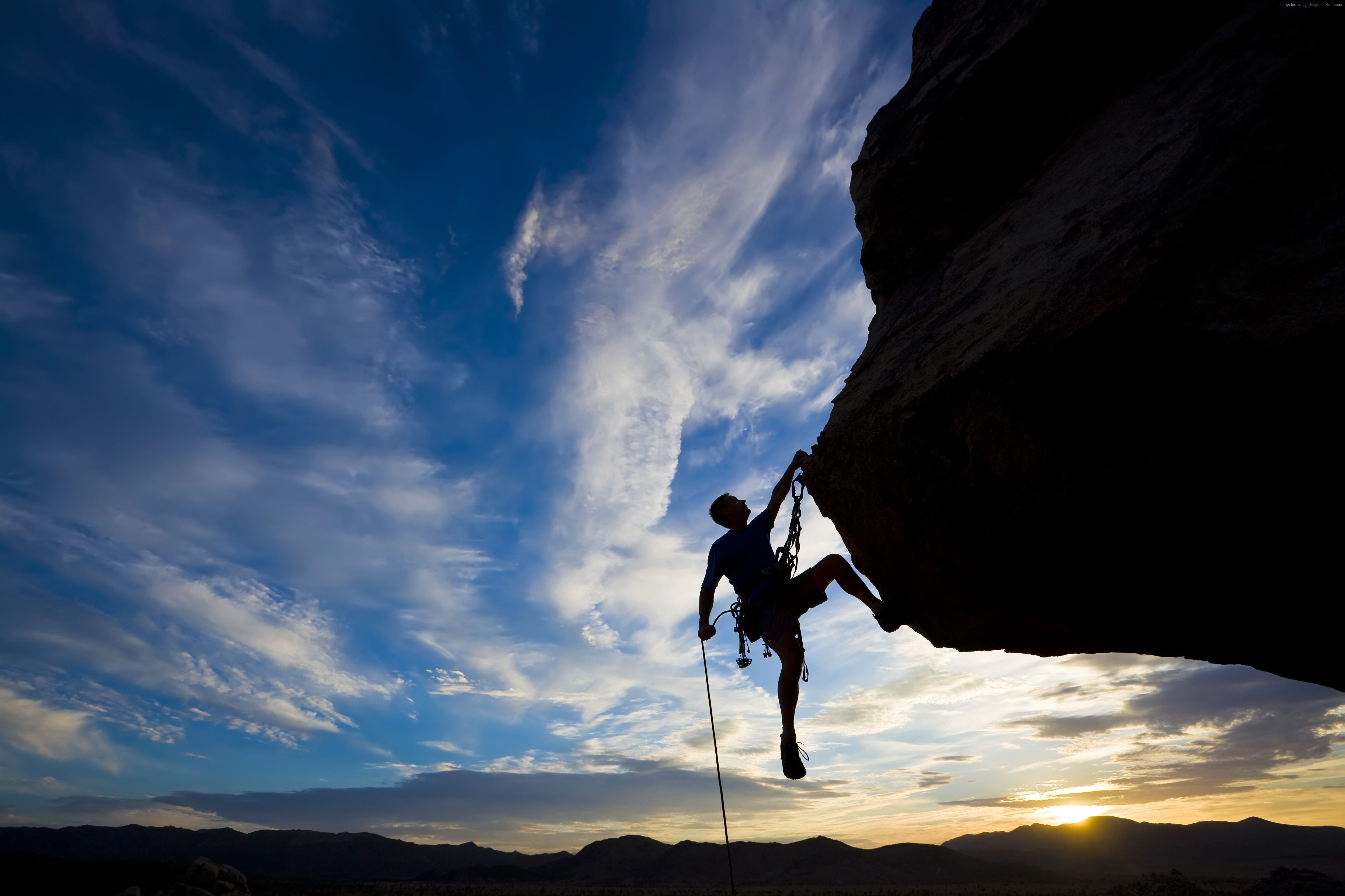 sunset, extreme, silhouette, 4K, rock, climbing, HD Wallpaper