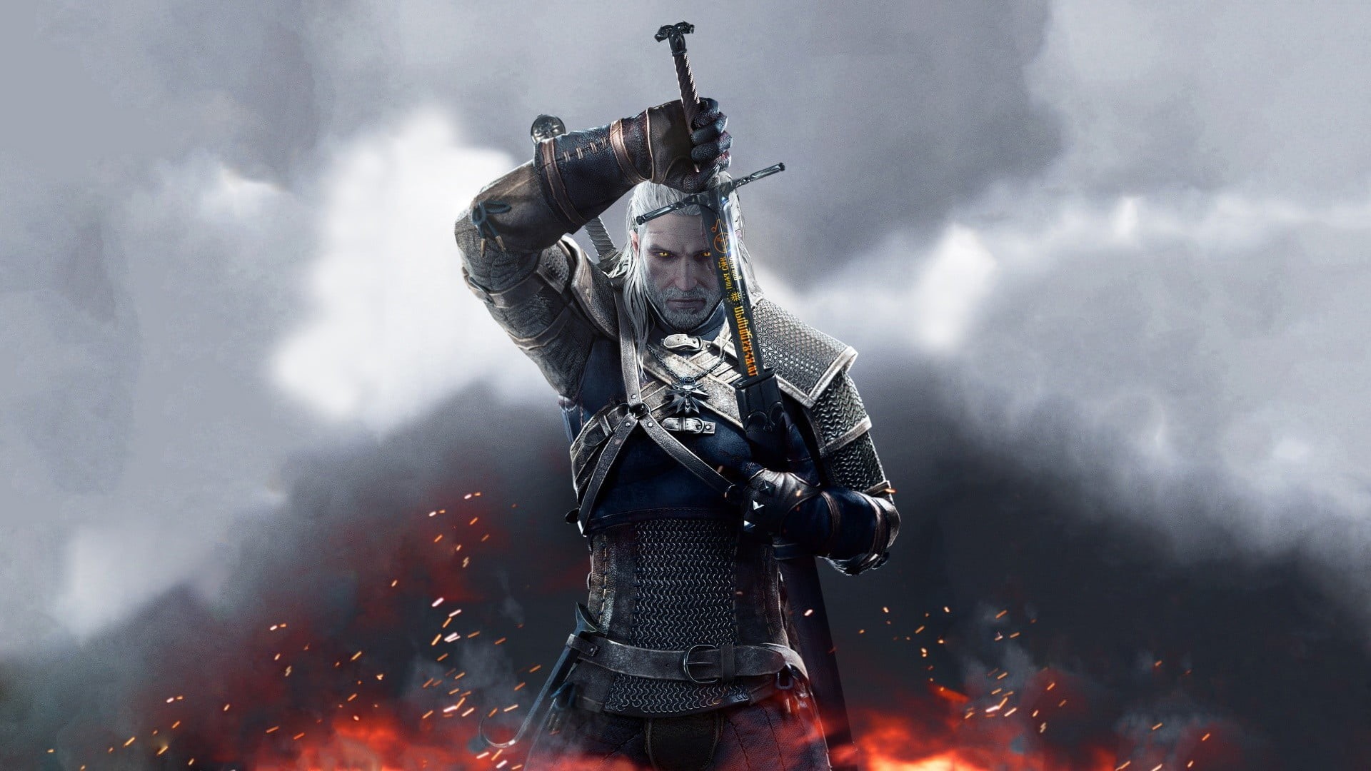 witcher, nature, burning, people, warrior, government, video games, The Witcher, illuminated, smoke - Physical Structure, heroes, judgment Day - Apocalypse, HD Wallpaper