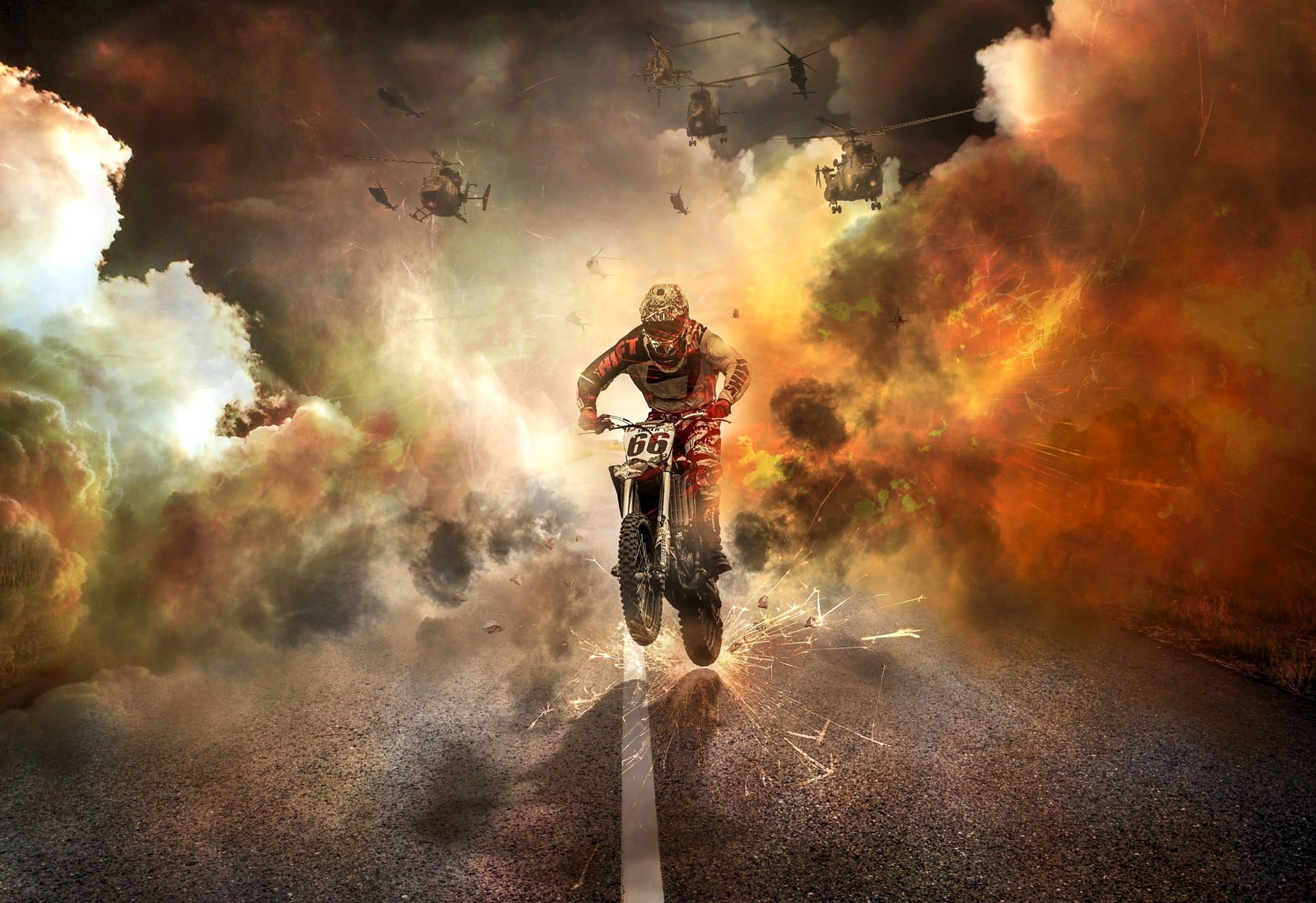 motion, motorcycles, adult, sport, military, 1080P, motorcycle, jump, extreme, competition, headwear, bike, warrior, helicopter, traffic, photo, cloud - sky, HD Wallpaper
