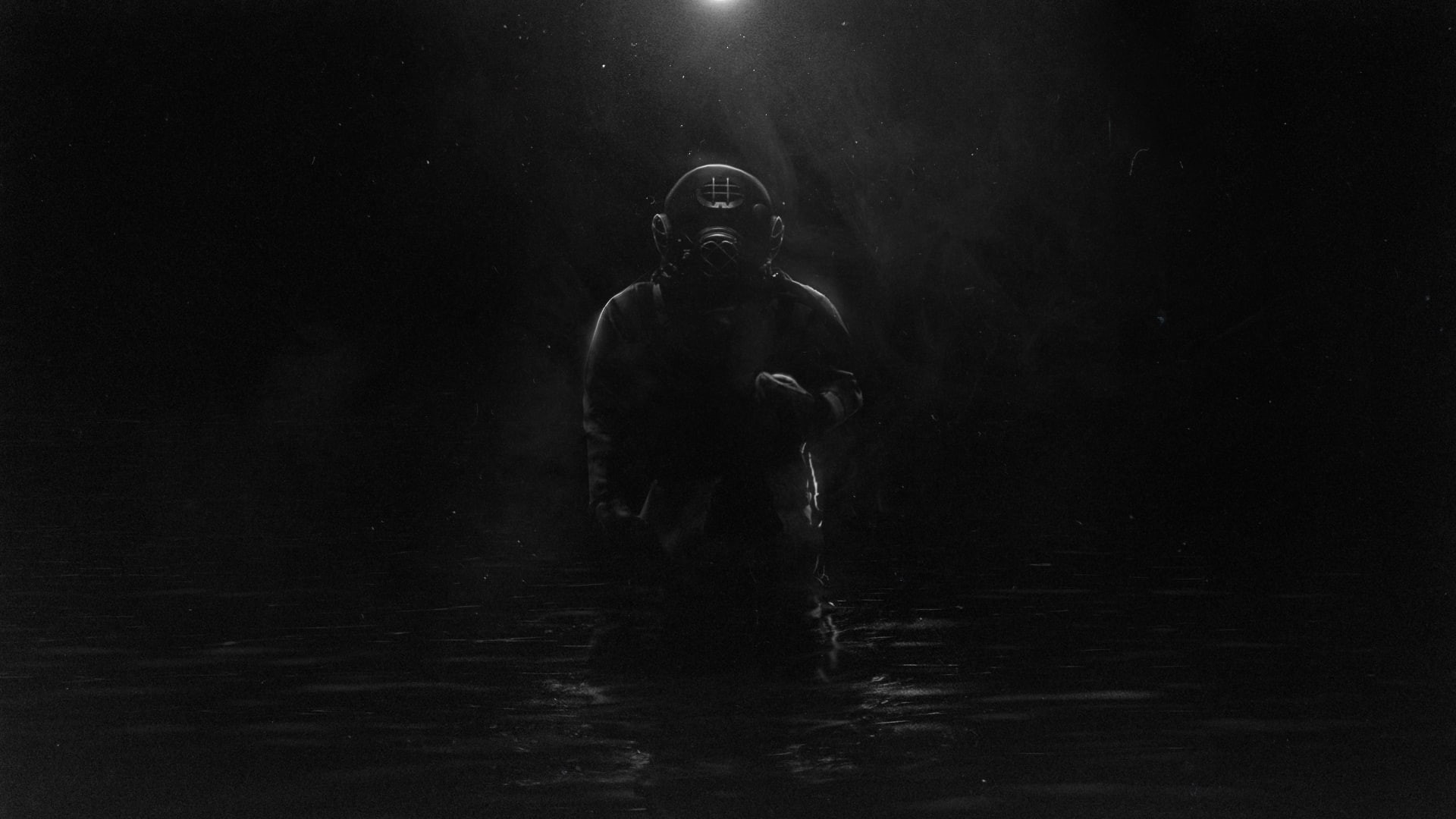 dark, divers, diving suits, Felix Soletic, monochrome, 1080P, underwater, HD Wallpaper
