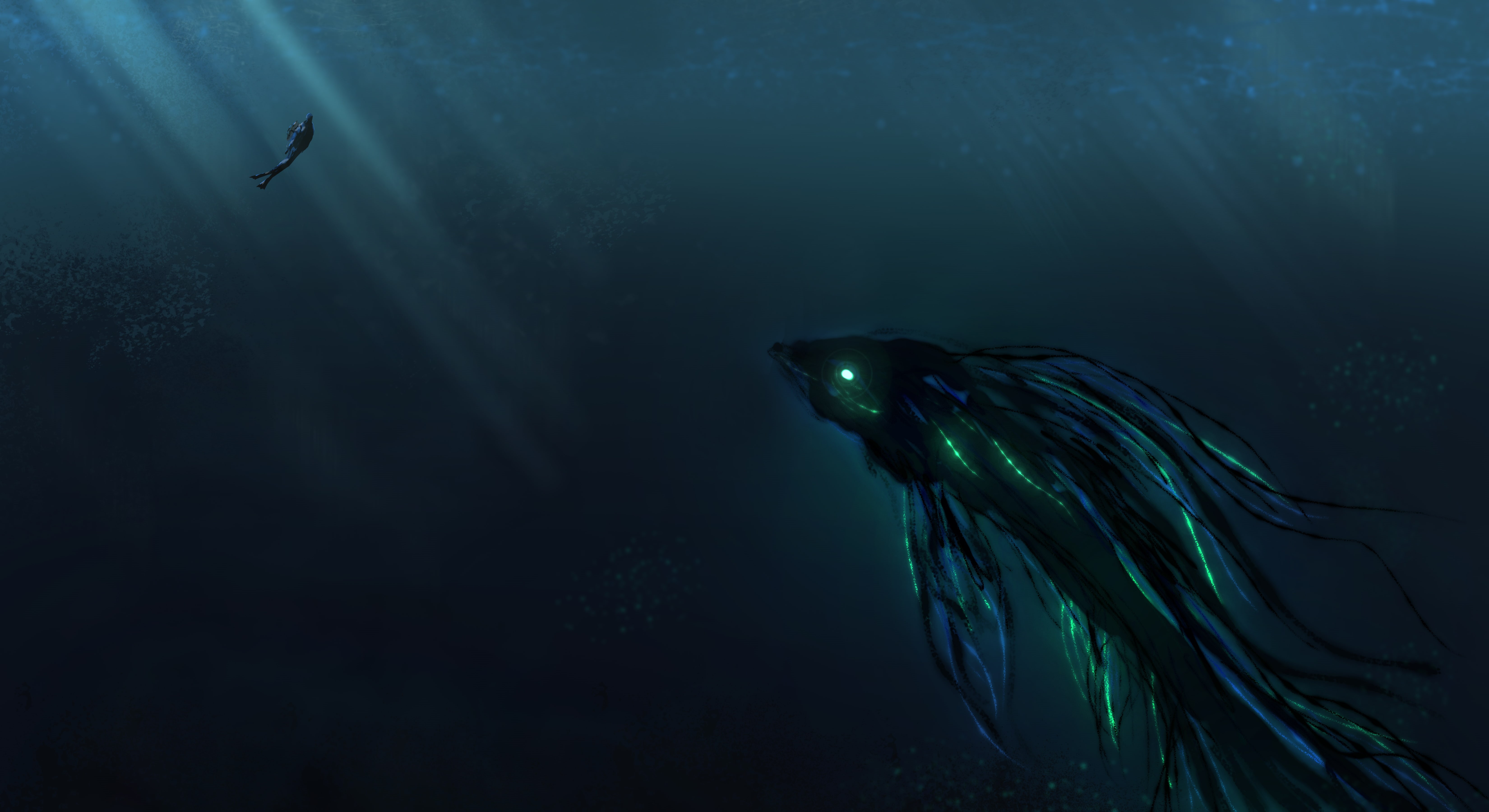 4K, Deep Sea, 5K, Scuba Diver, Giant creature, HD Wallpaper