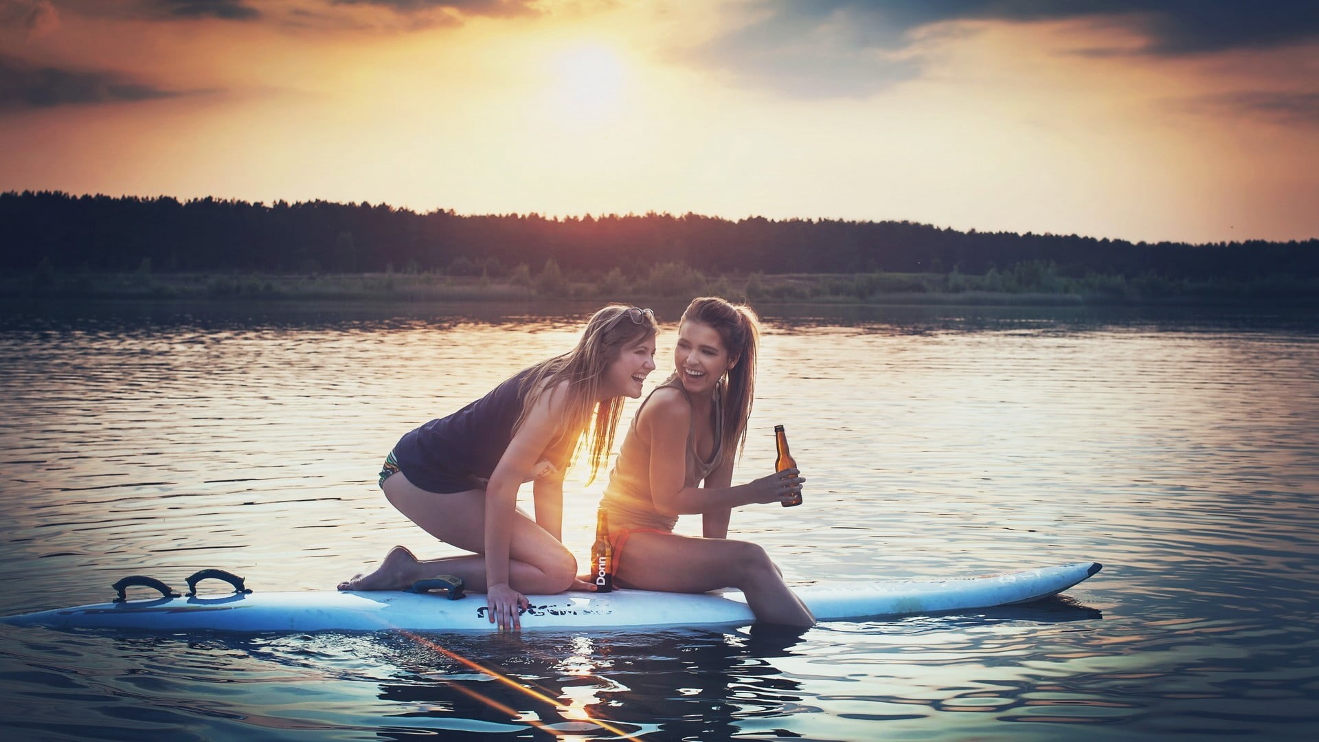 adult, emotion, positive emotion, sky, trip, 1080P, vacations, Marisa Papen, love, togetherness, young adult, two people, nature, surfboard, sunlight, HD Wallpaper