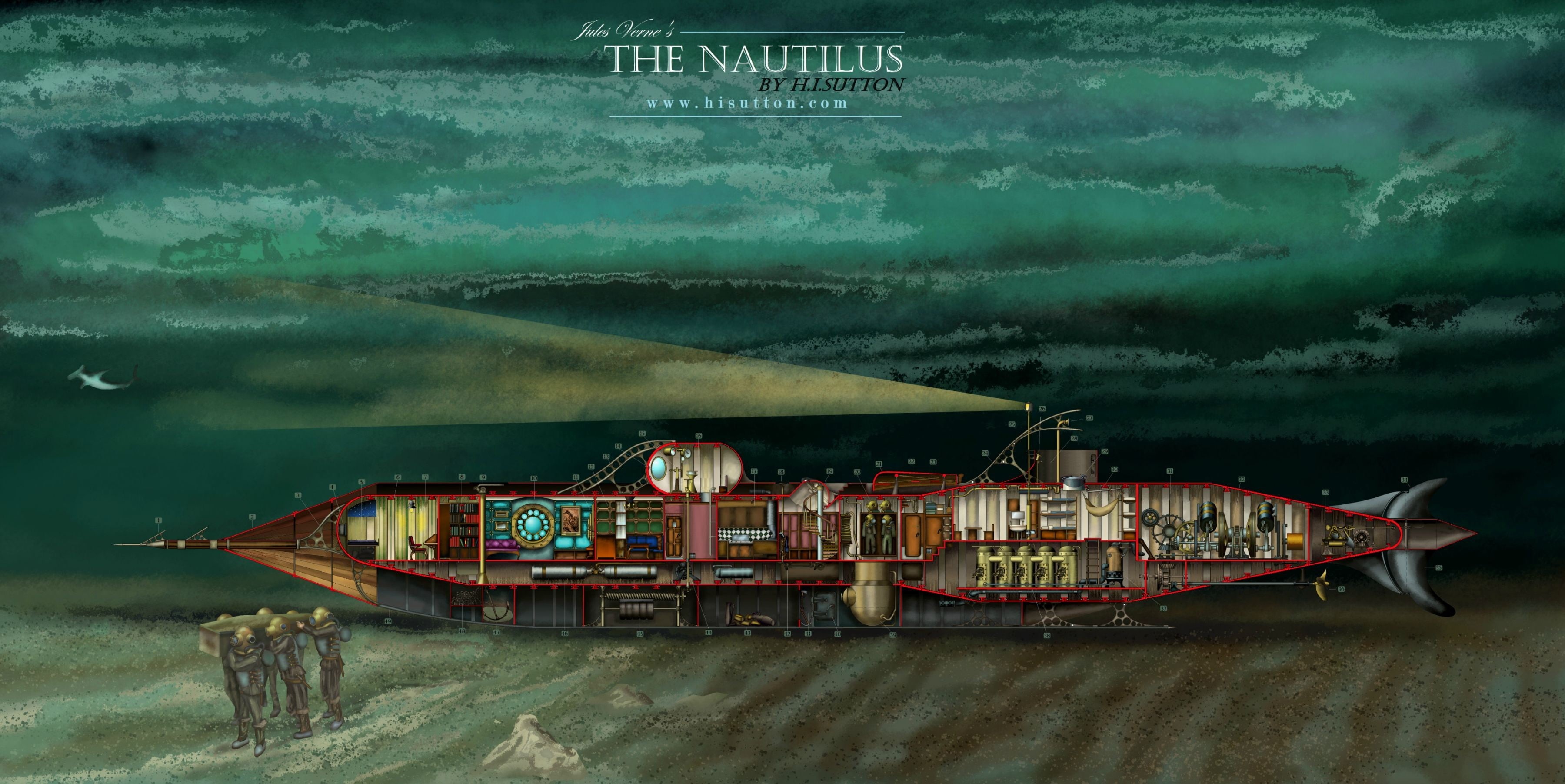 no people, lights, 20000 Leagues Under the Sea, sky, cloud - sky, nautical vessel, mode of transportation, waterfront, ship, nature, underwater, painting, HD Wallpaper