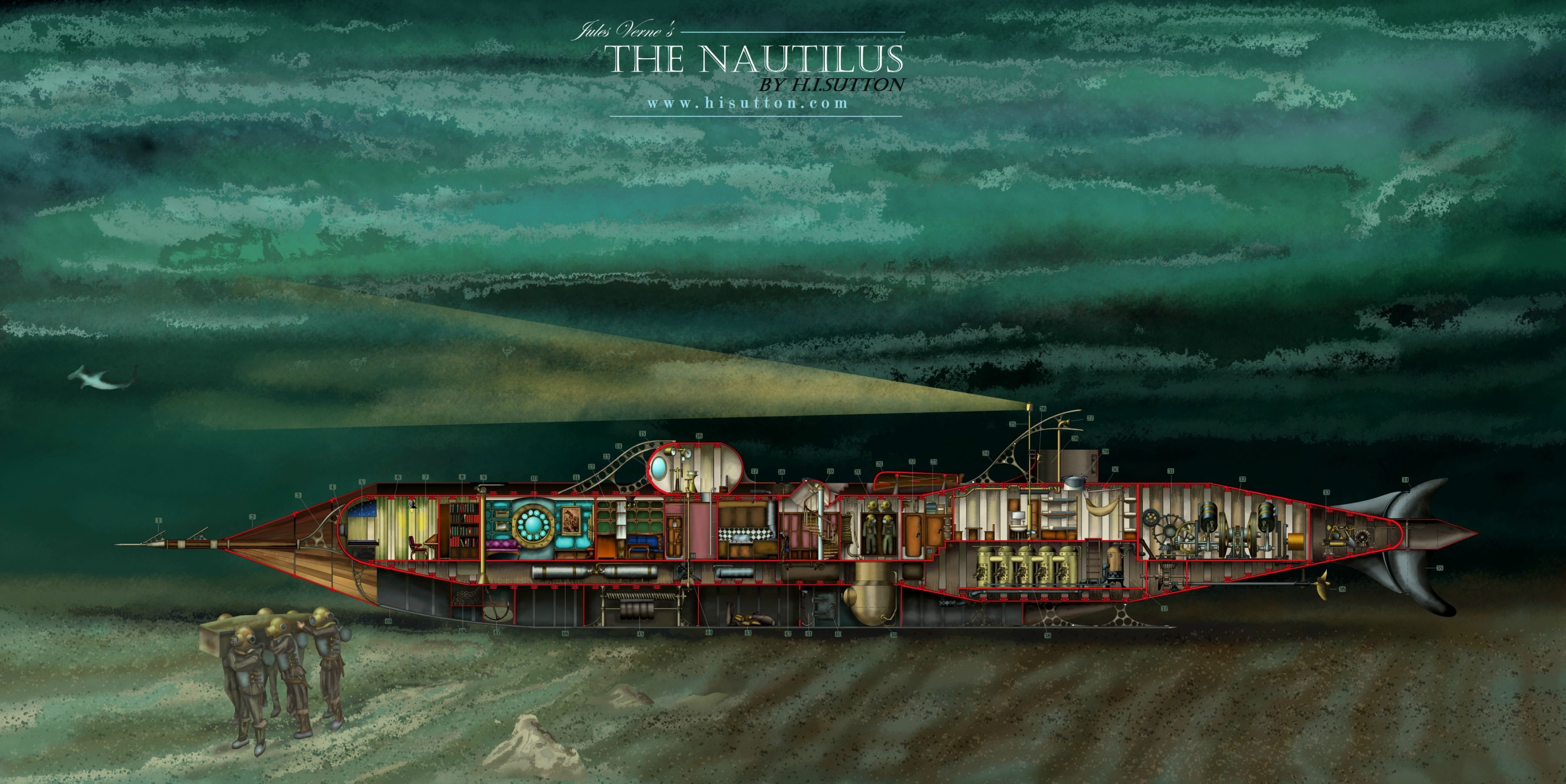 sea, divers, Nautilus, lights, fantasy art, 2K, fish, underwater, submarine, Jules Verne, 20000 Leagues Under the Sea, technology, HD Wallpaper