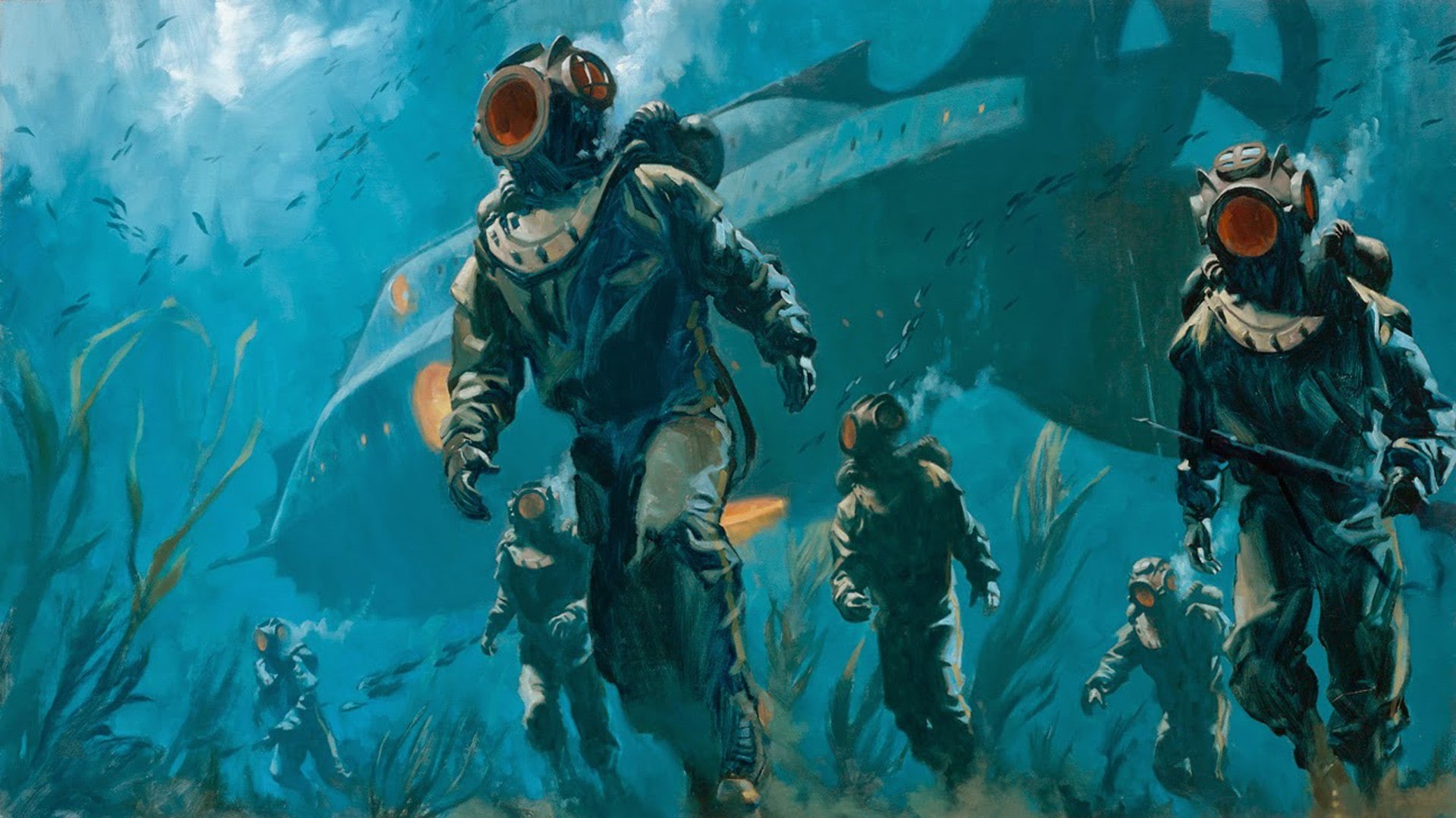 fish, digital art, submarine, 1080P, sea, Jules Verne, illustration, underwater, 20000 Leagues Under the Sea, drawing, divers, men, HD Wallpaper