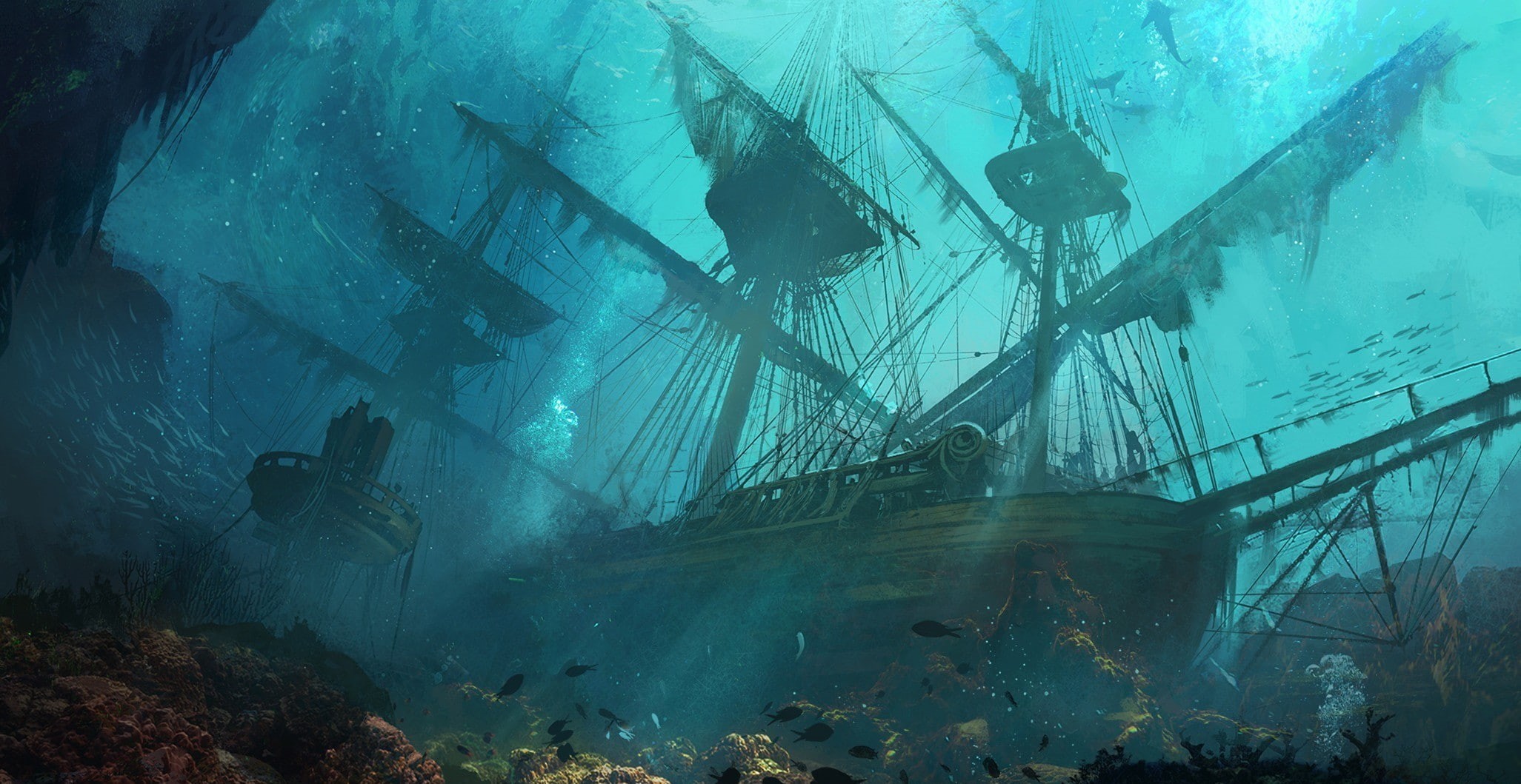 land, water, industry, artwork shipwreck underwater, outdoors, 1080P, sailboat, no people, mode of transportation, ruined, fog, nautical vessel, beauty in nature, HD Wallpaper