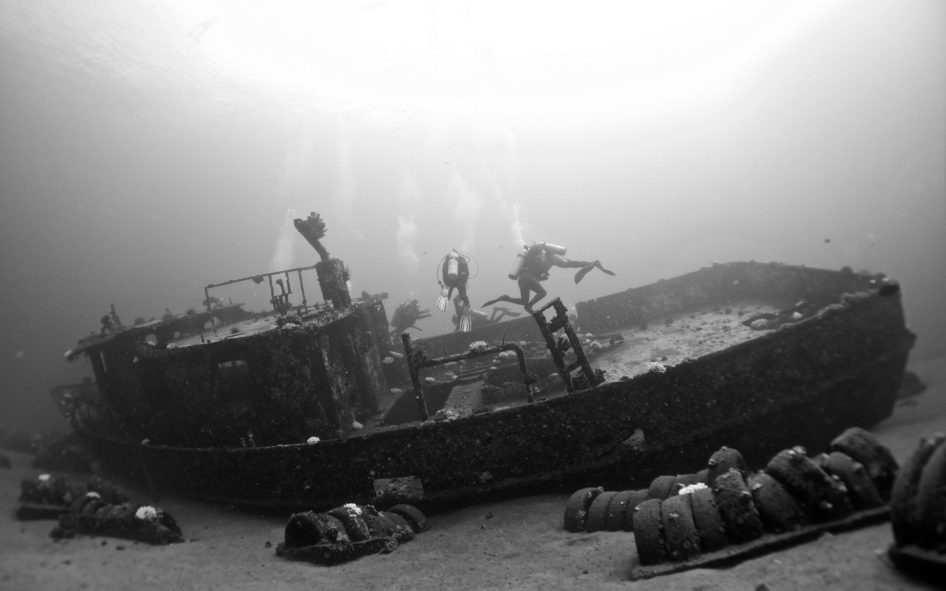 underwater, monochrome, divers, shipwreck, 1080P, HD Wallpaper