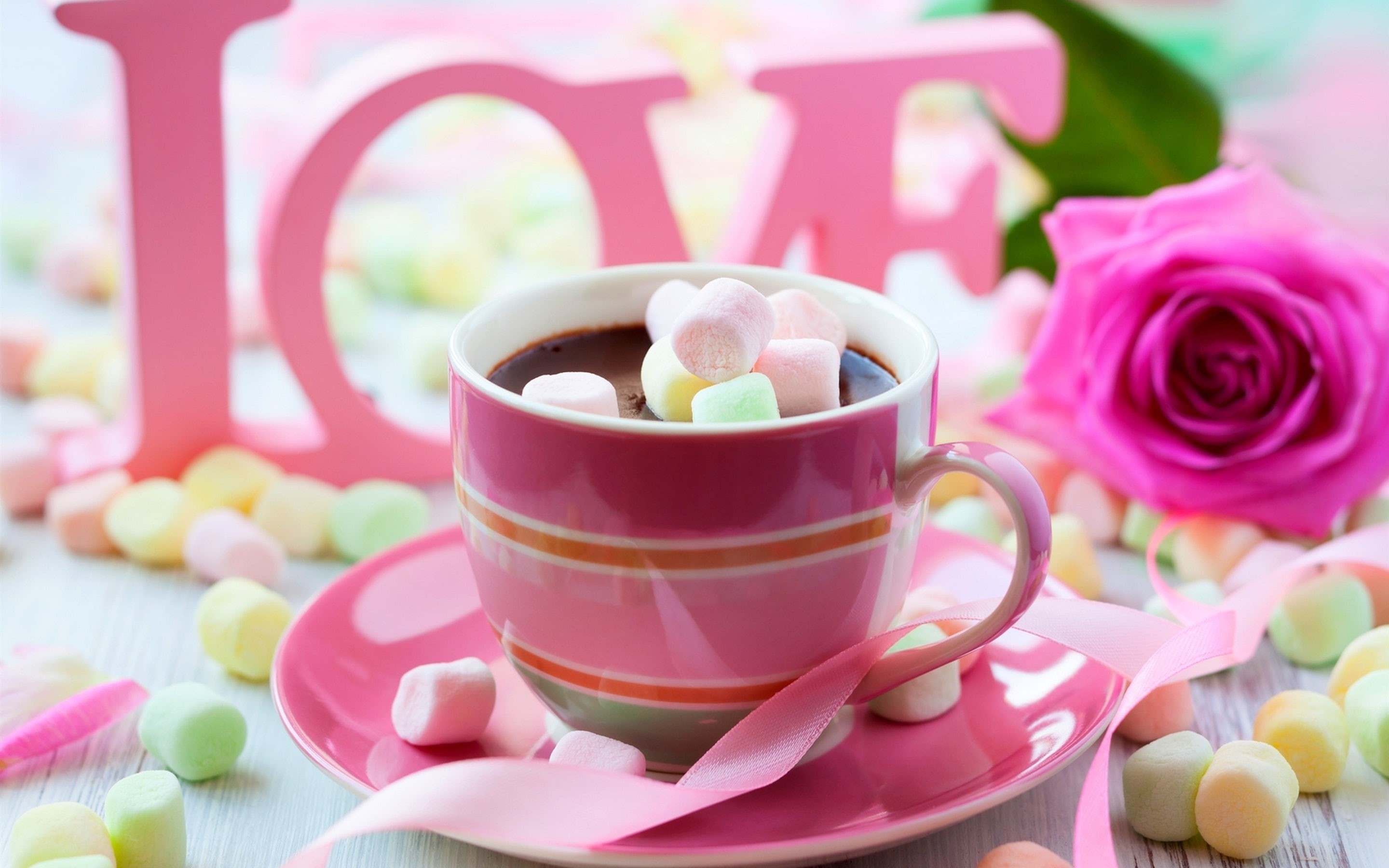 Valentine, Rose, Style, white, Pink, Chocolate, marshmallows, Cotton, orange, cup, Candy, s, ceramic, Drink, 2K, Love, Day, HD Wallpaper