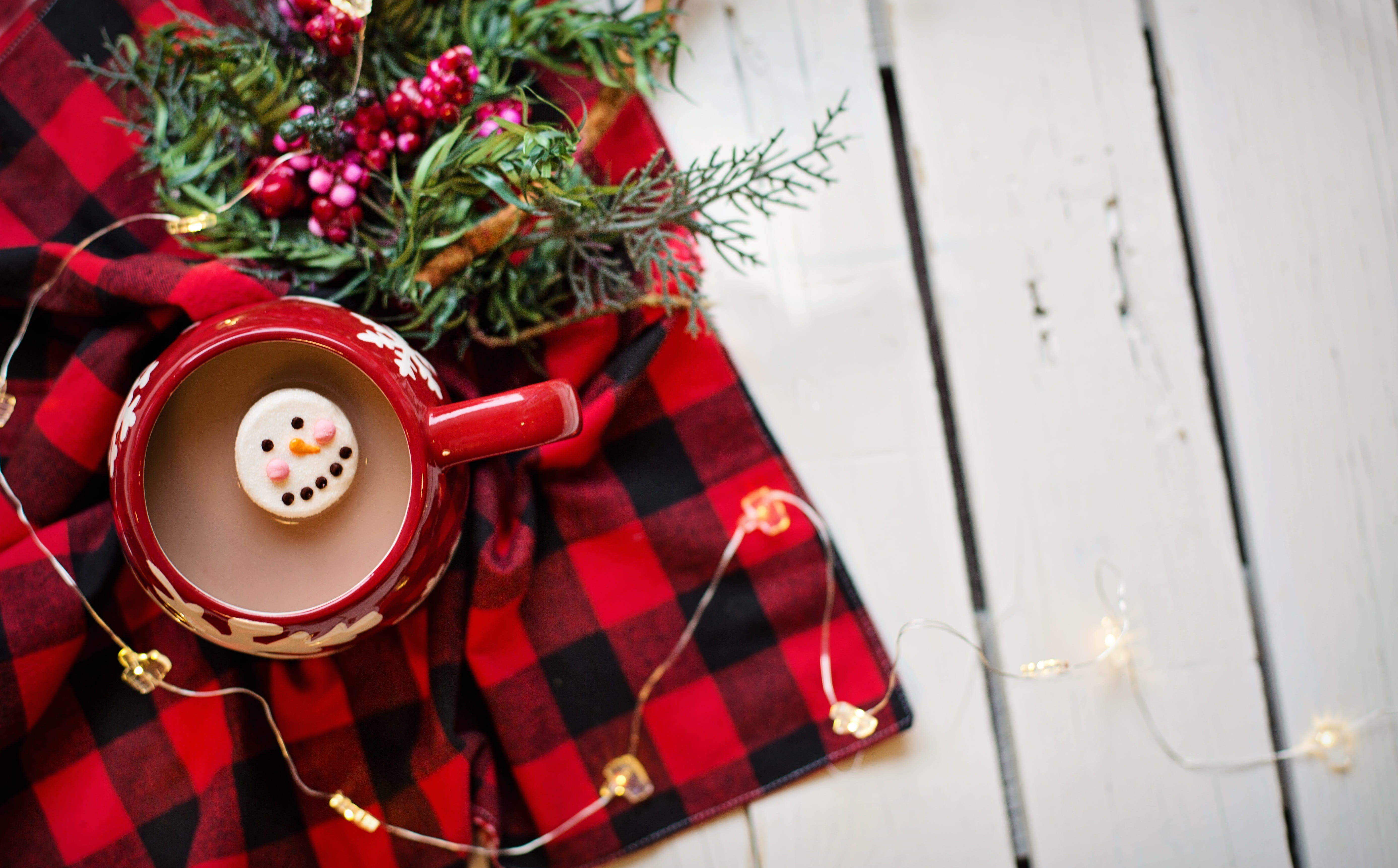 high angle view, glass, christmas, cocoa, 5K, refreshment, christmas ornament, hot drink, no people, winter, hot, crockery, indoors, hot chocolate, close-up, HD Wallpaper