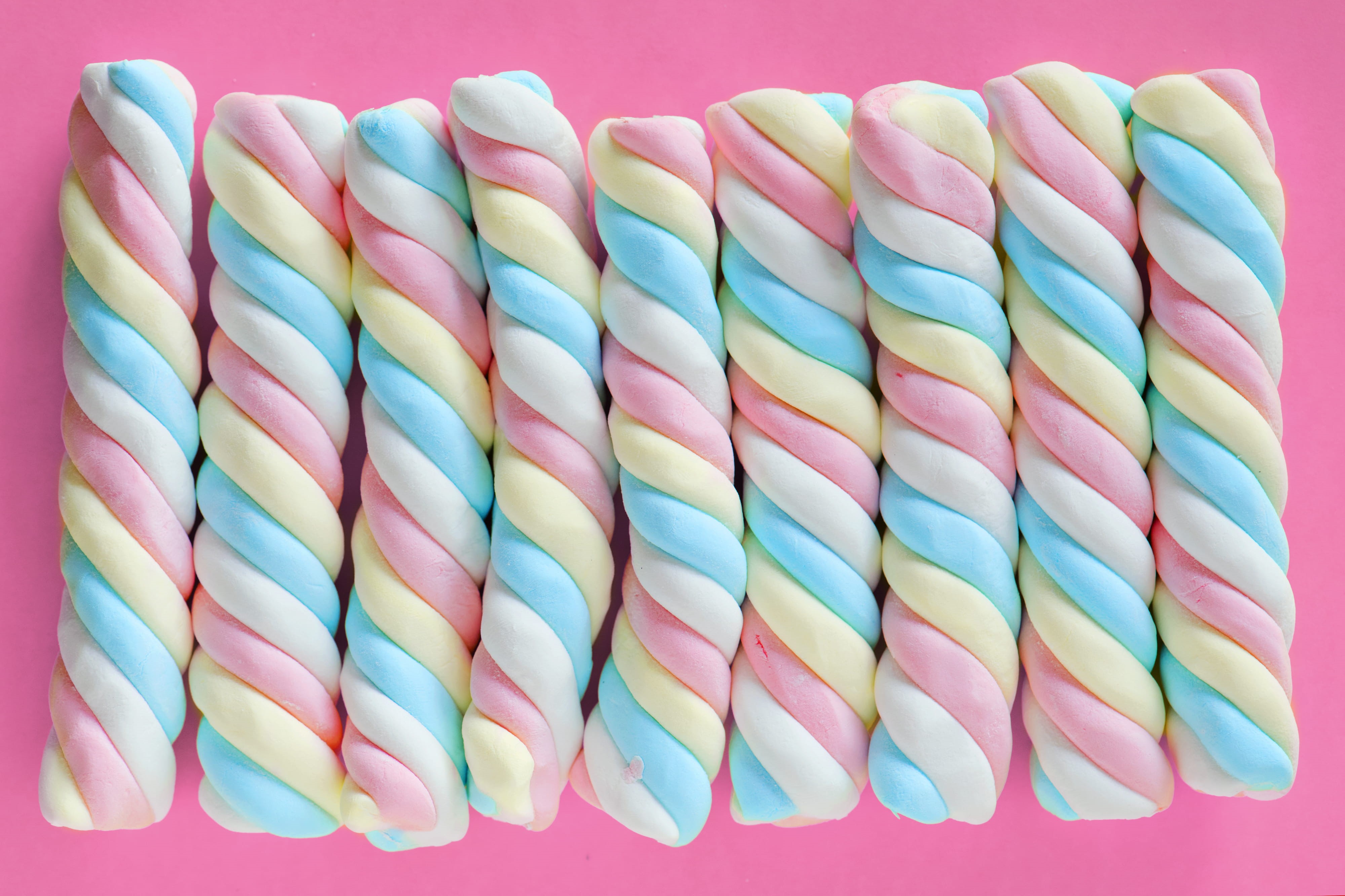 colored background, no people, background, sugar, marshmallow roll, sugary, unhealthy eating, temptation, indulgence, pink color, choice, smores, multi colored, HD Wallpaper