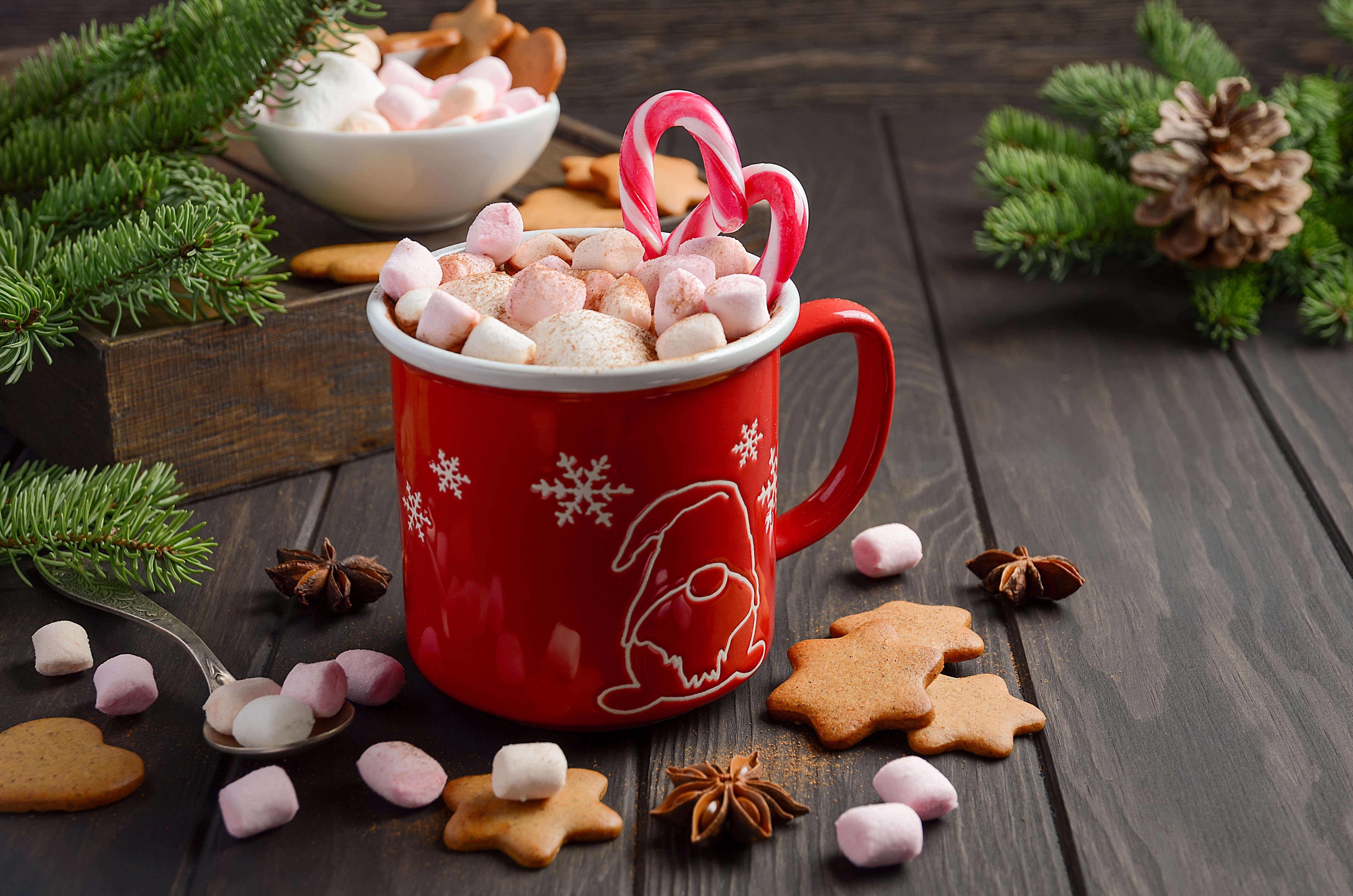 New Year, Merry, hot chocolate, Christmas, marshmallow, cup, mug, marshmallows, cocoa, xmas, 4K, decoration, HD Wallpaper