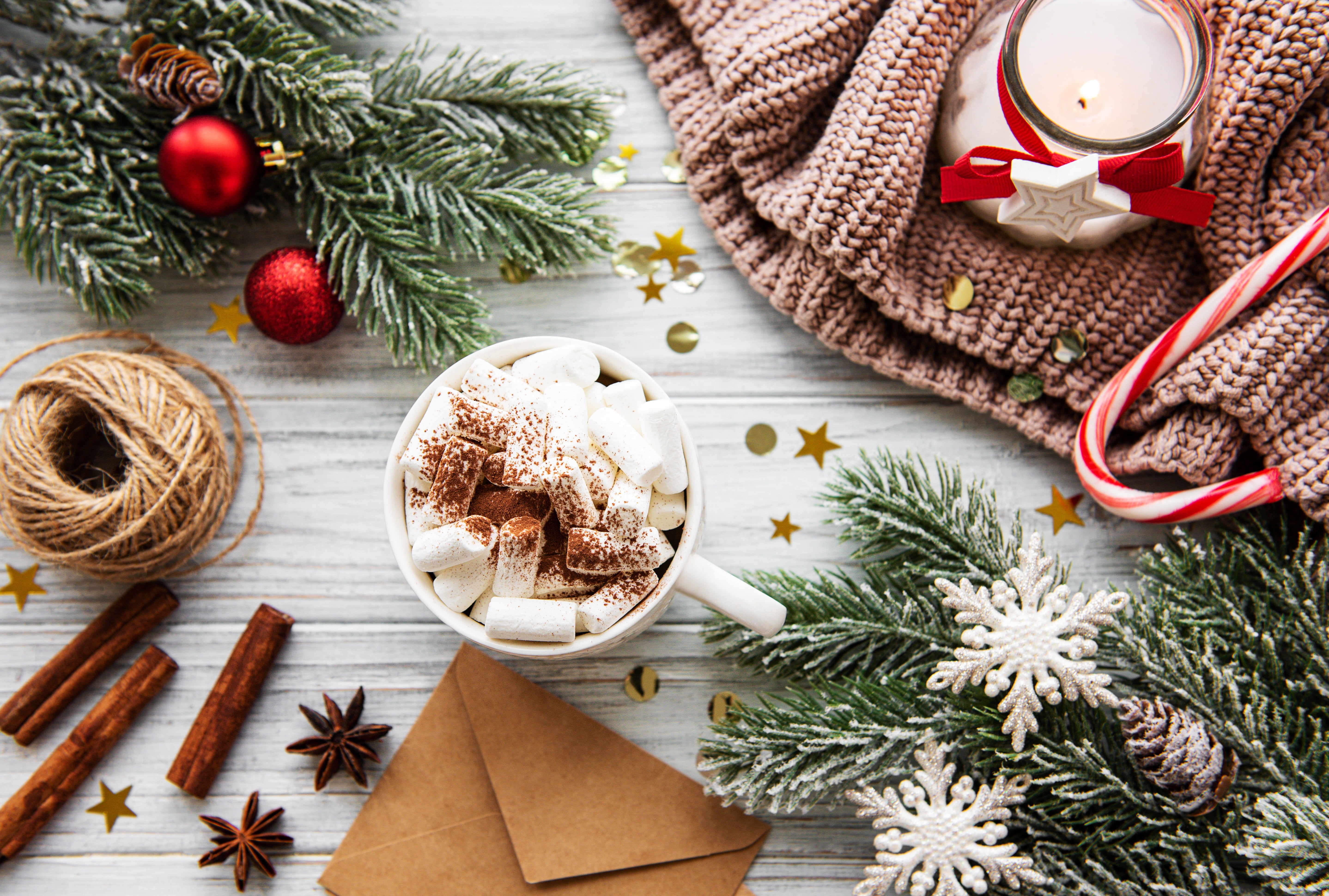Cinnamon, Candy Cane, 5K, Christmas, Still Life, Marshmallow, Cup, Food, Hot Chocolate, HD Wallpaper