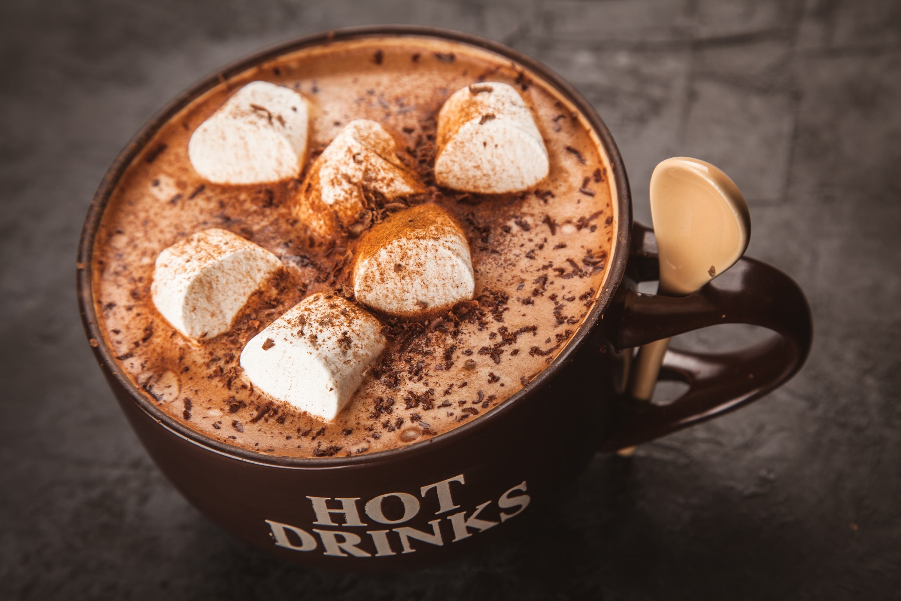 food, drink, Hot Cocoa, 2K, cup, marshmallows, marshmellows, spoon, HD Wallpaper