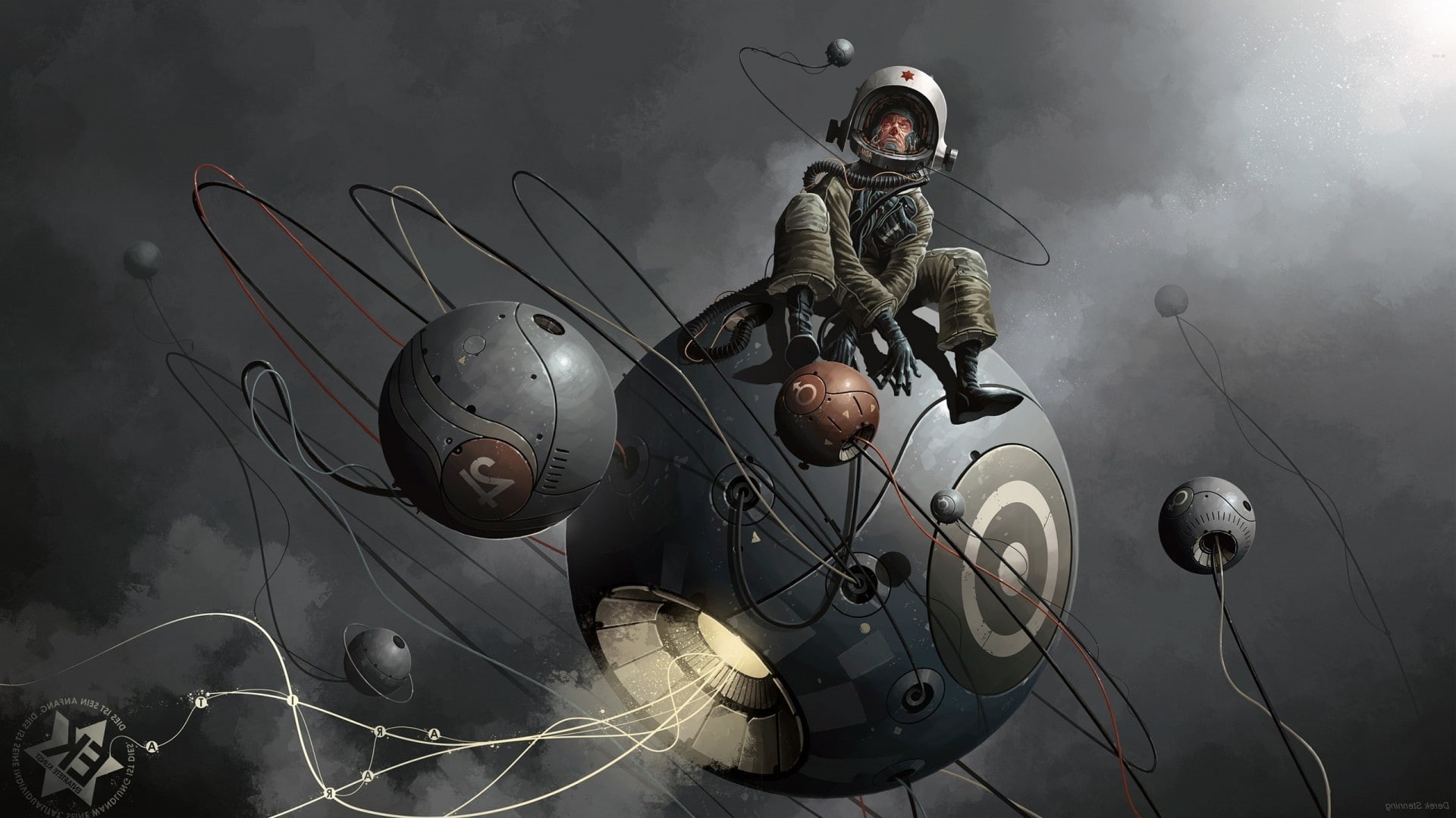 1080P, men digital art astronaut planet space universe ball sphere wires derek stenning helmet spacesuit sitting fantasy art, HD Wallpaper