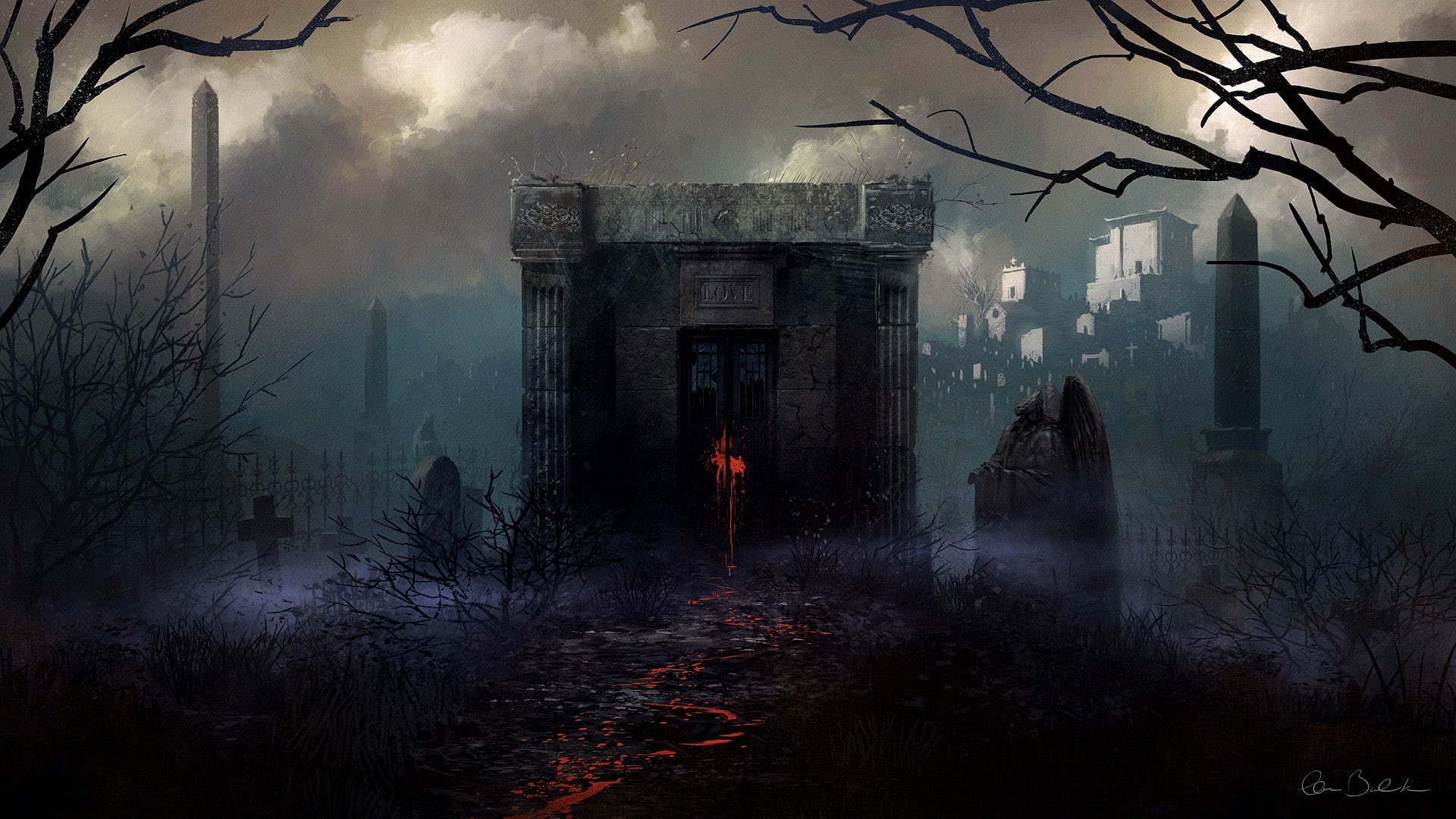 spooky, christopher, fog, reaper, gothic, 1080P, blood, halloween, scary, fantasy, balaskas, occult, HD Wallpaper