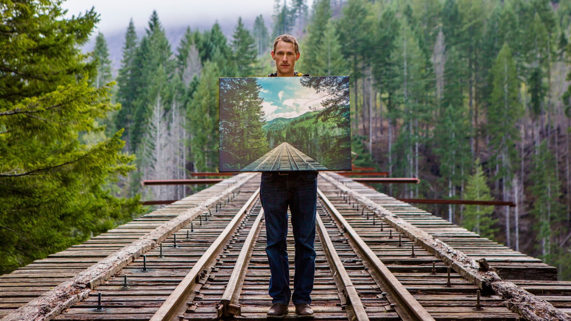 adult, nature, travel, bridge, black, trees, environment, men, forest, wood - material, connection, outdoors, front view, jeans, painting, green color, HD Wallpaper