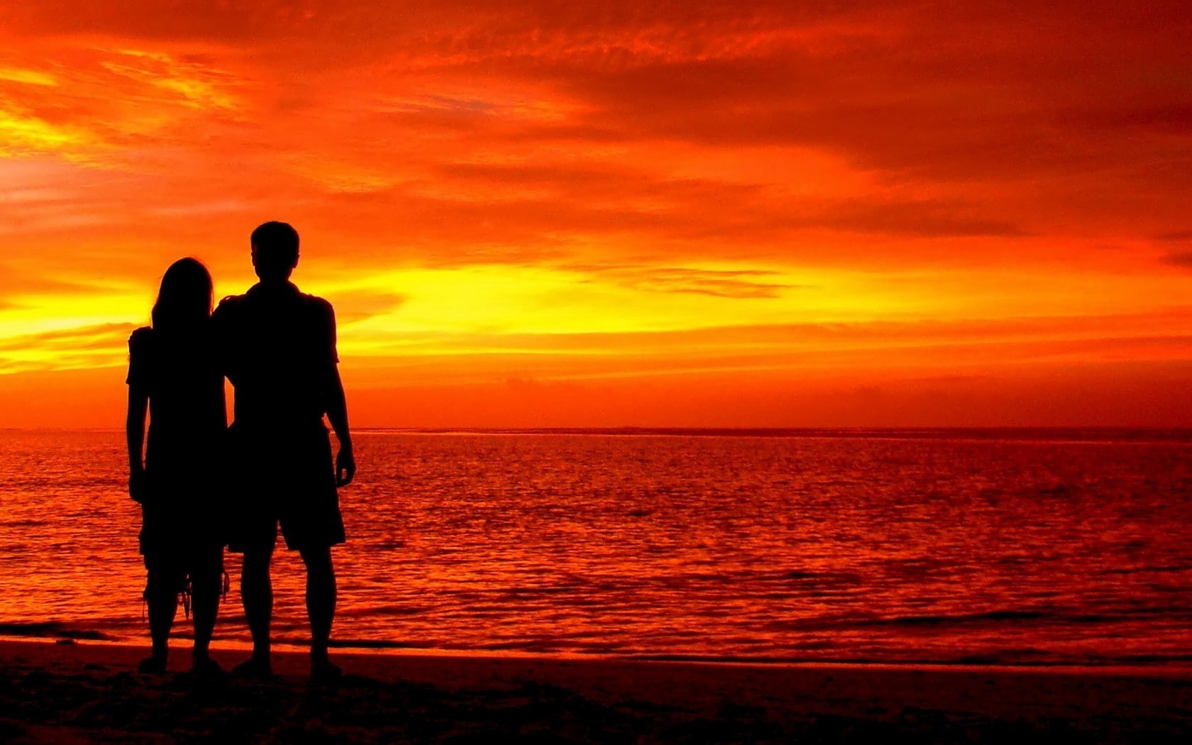 couple - relationship, 720P, silhouette, standing, people, scenics - nature, love, horizon over water, sunset, orange color, two people, men outdoors, HD Wallpaper
