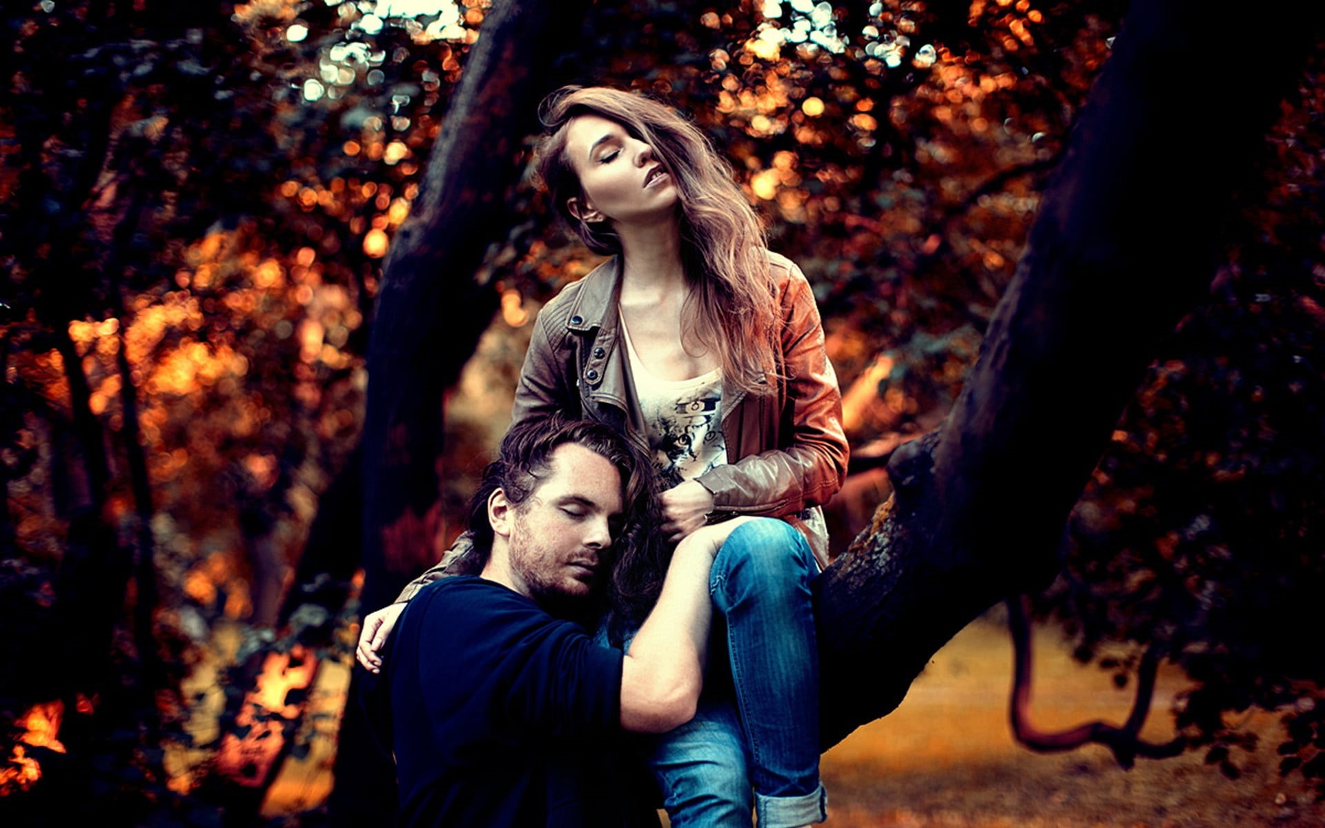 men, fall, adult, hair in face, trees, closed eyes, men outdoors, leisure activity, people, casual clothing, real people, couple, front view, women, forest, HD Wallpaper