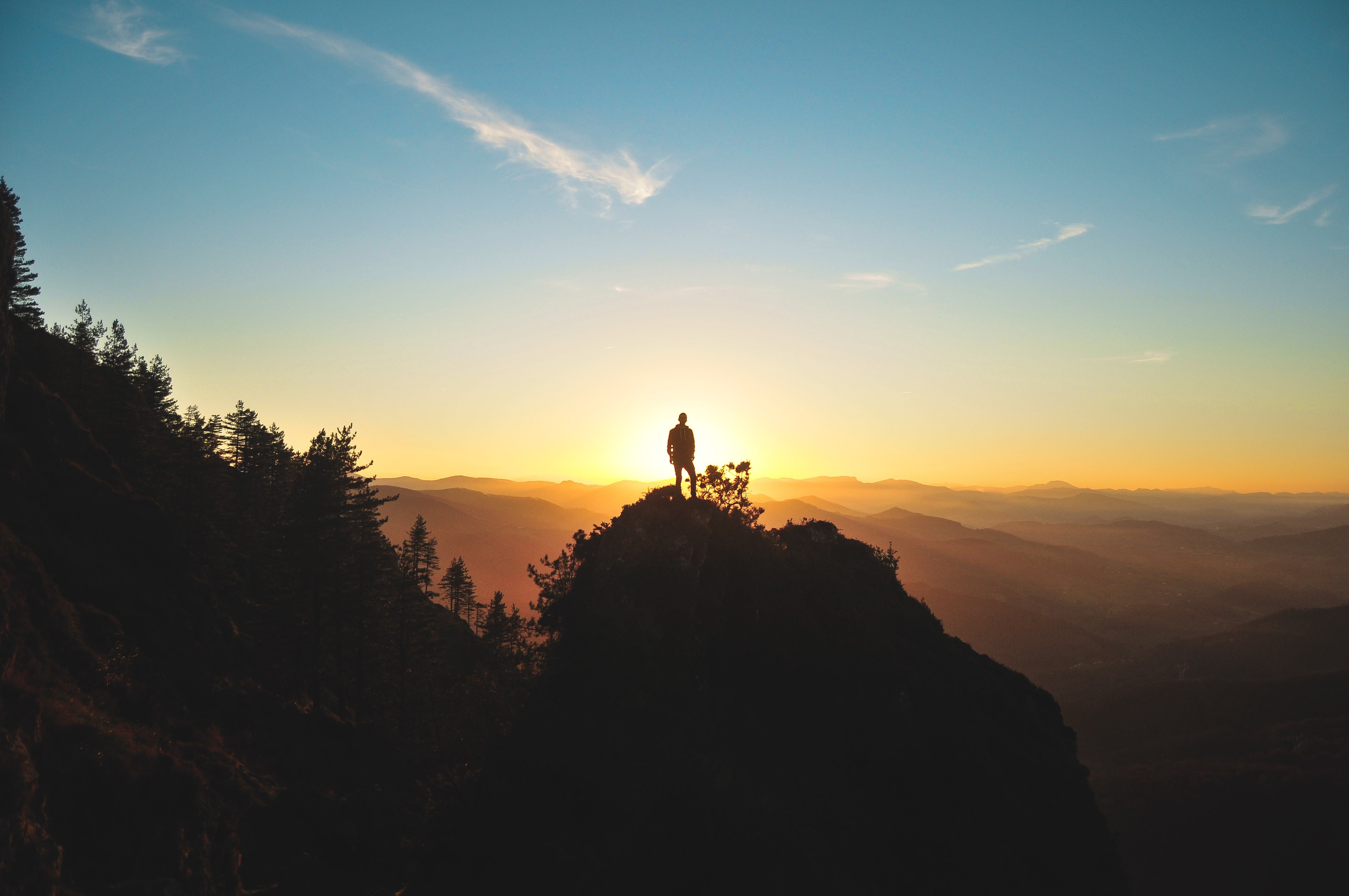 one person, idyllic, mountain range, landscape, scenics - nature, real people, Sun, leisure activity, cloud - sky, sunrise, 4K, beauty in nature, tree, HD Wallpaper