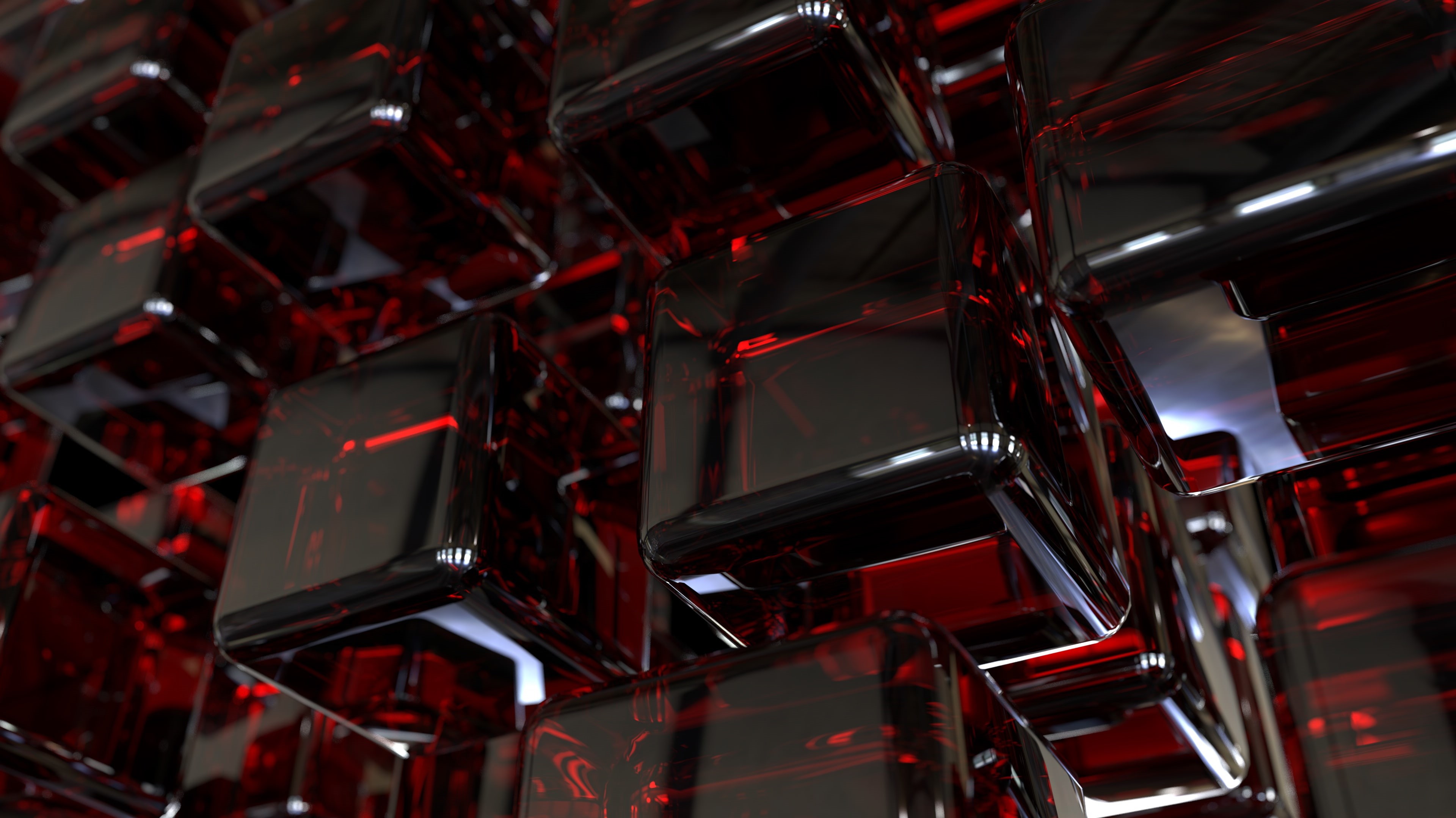4K, abundance, full frame, close-up, transparent, Dark, Cubes, technology, no people, backgrounds, indoors, selective focus, industry, metal, glass - material, HD Wallpaper