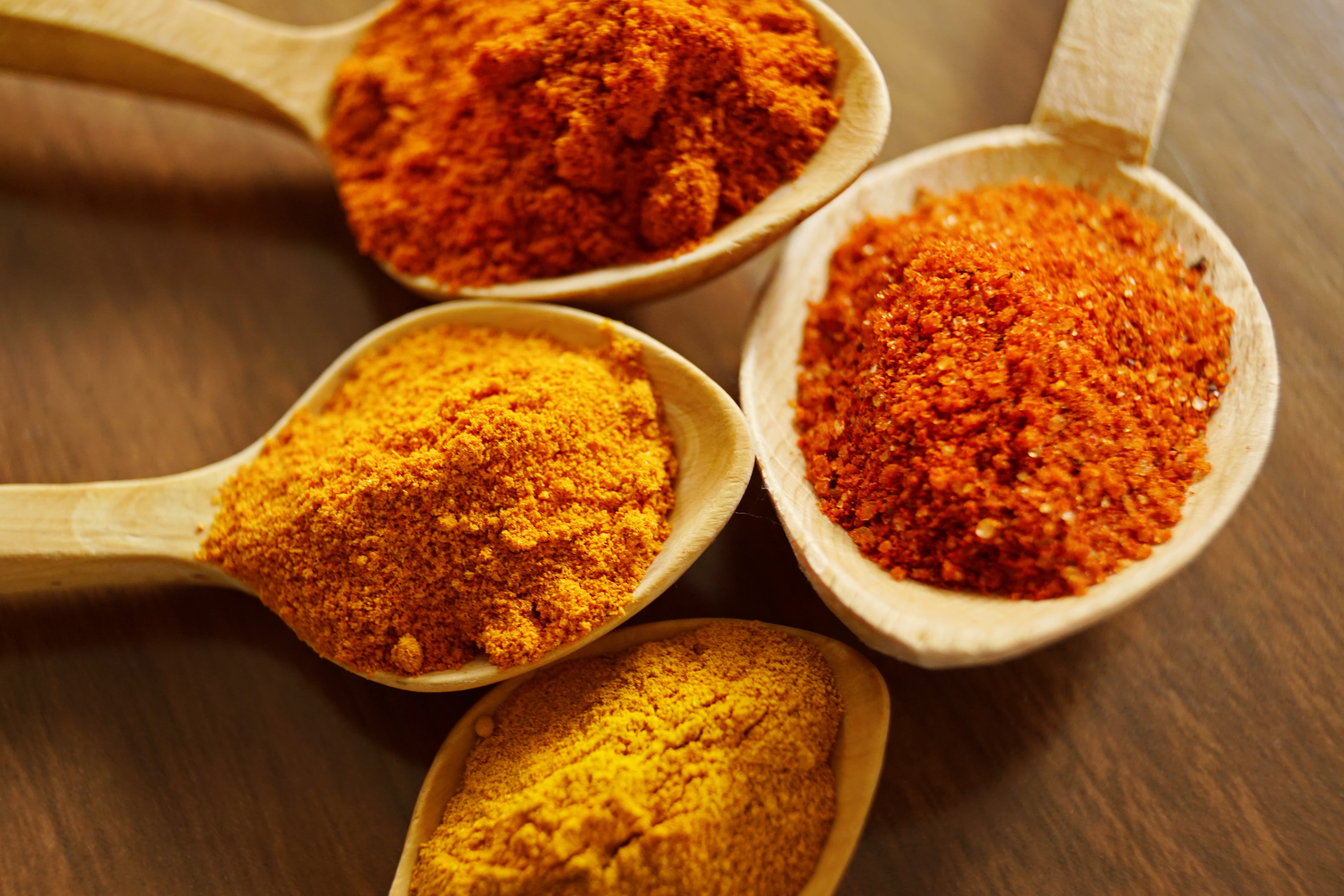condiments, indoors, spoon, assorted, choice, kitchen utensil, cinnamon, seasoning, paprika, eating utensil, cumin, chili, wooden spoon, 5K, indian food, HD Wallpaper