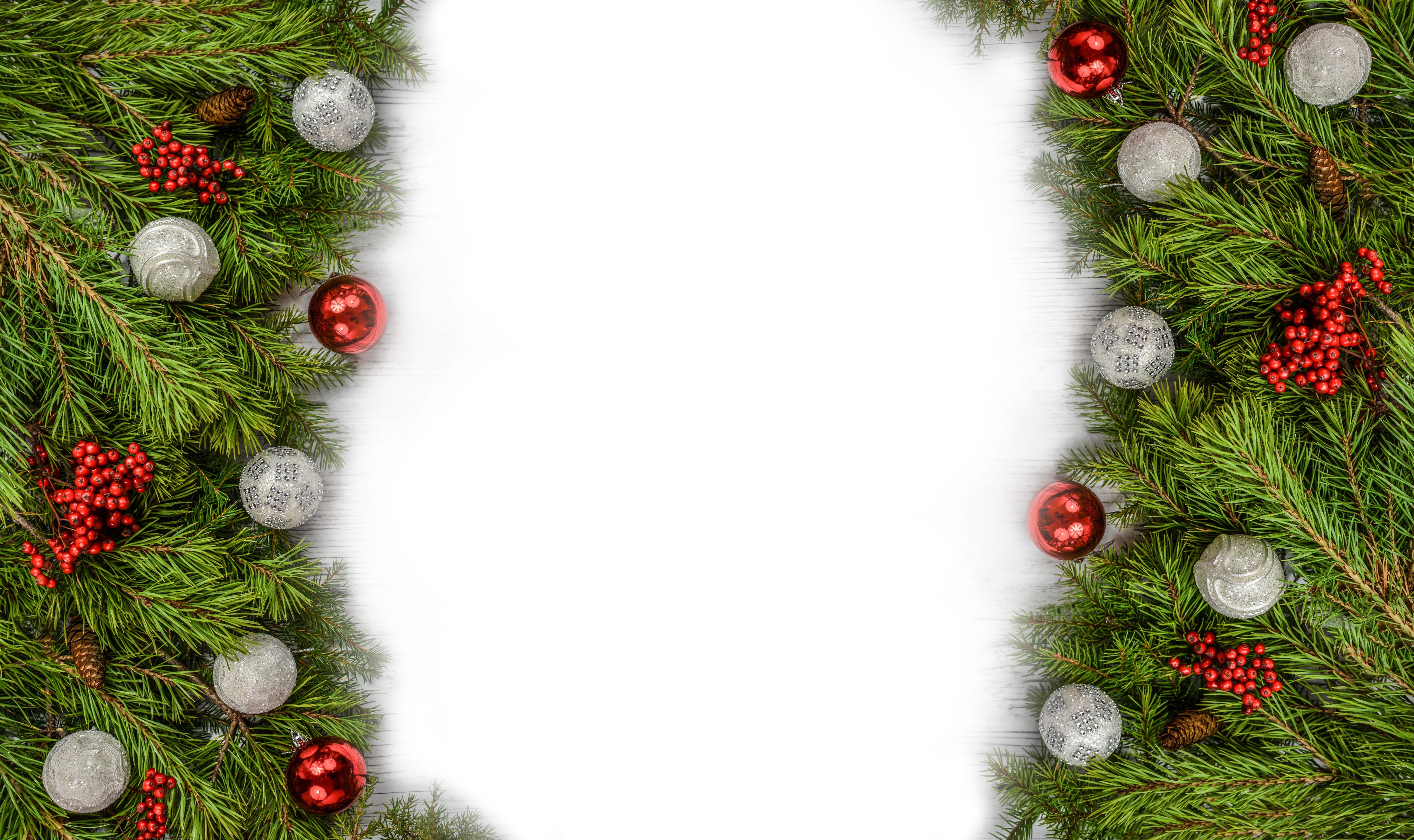 celebration, needle - plant part, green, borders, decorative, background, design, holiday, christmas, baubles, card, rowan, year, 5K, copy space, directly above, HD Wallpaper