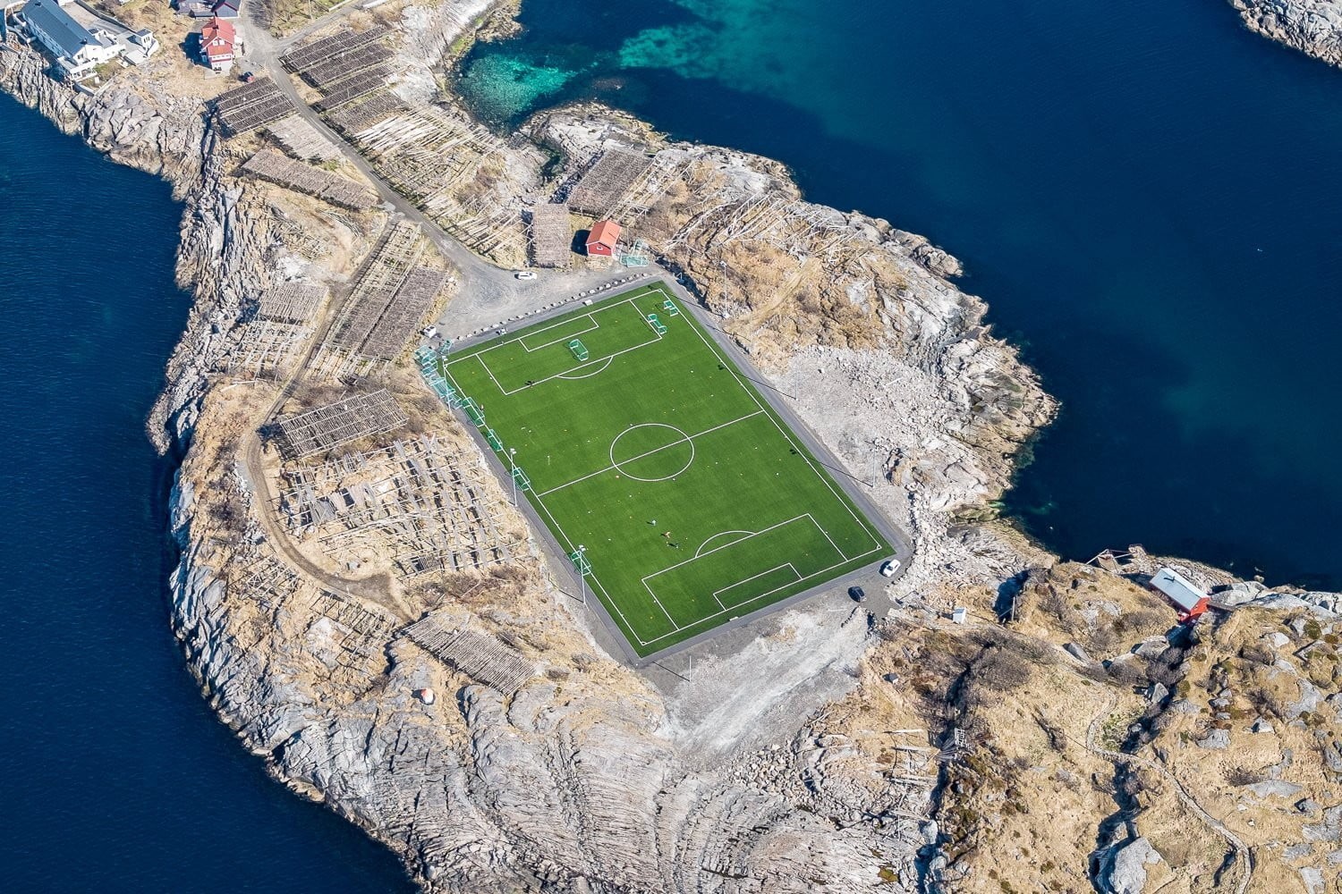 nature, swimming pool, 720P, field, aerial view, green color, landscape, travel, Lofoten Islands, built structure, beach, sport, sea, green, high angle view, HD Wallpaper