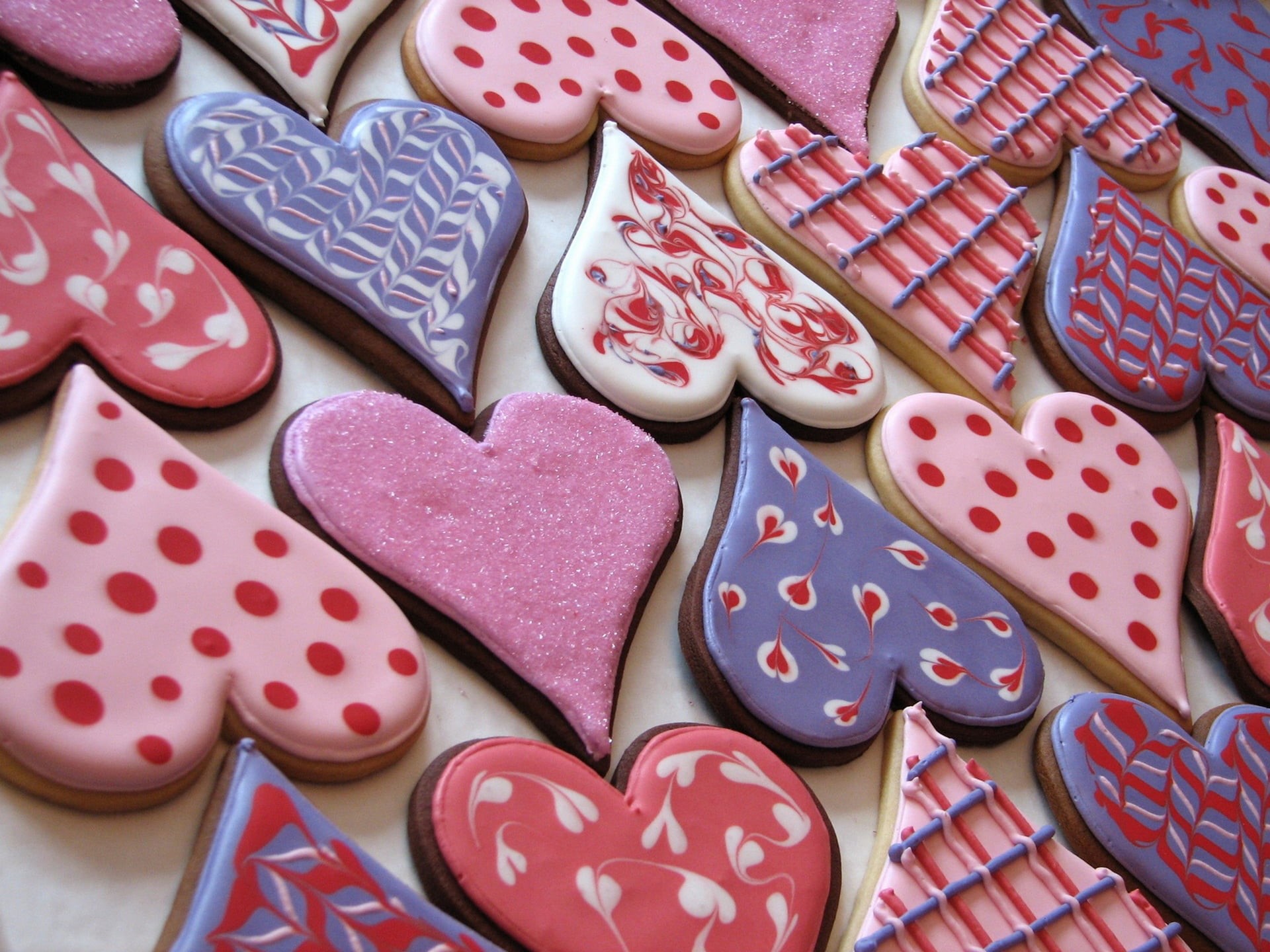 pink color, day, valentines day - holiday, pattern, heart shape, backgrounds, heart, high angle view, temptation, sweet, food, indulgence, sweet food, floral pattern, HD Wallpaper