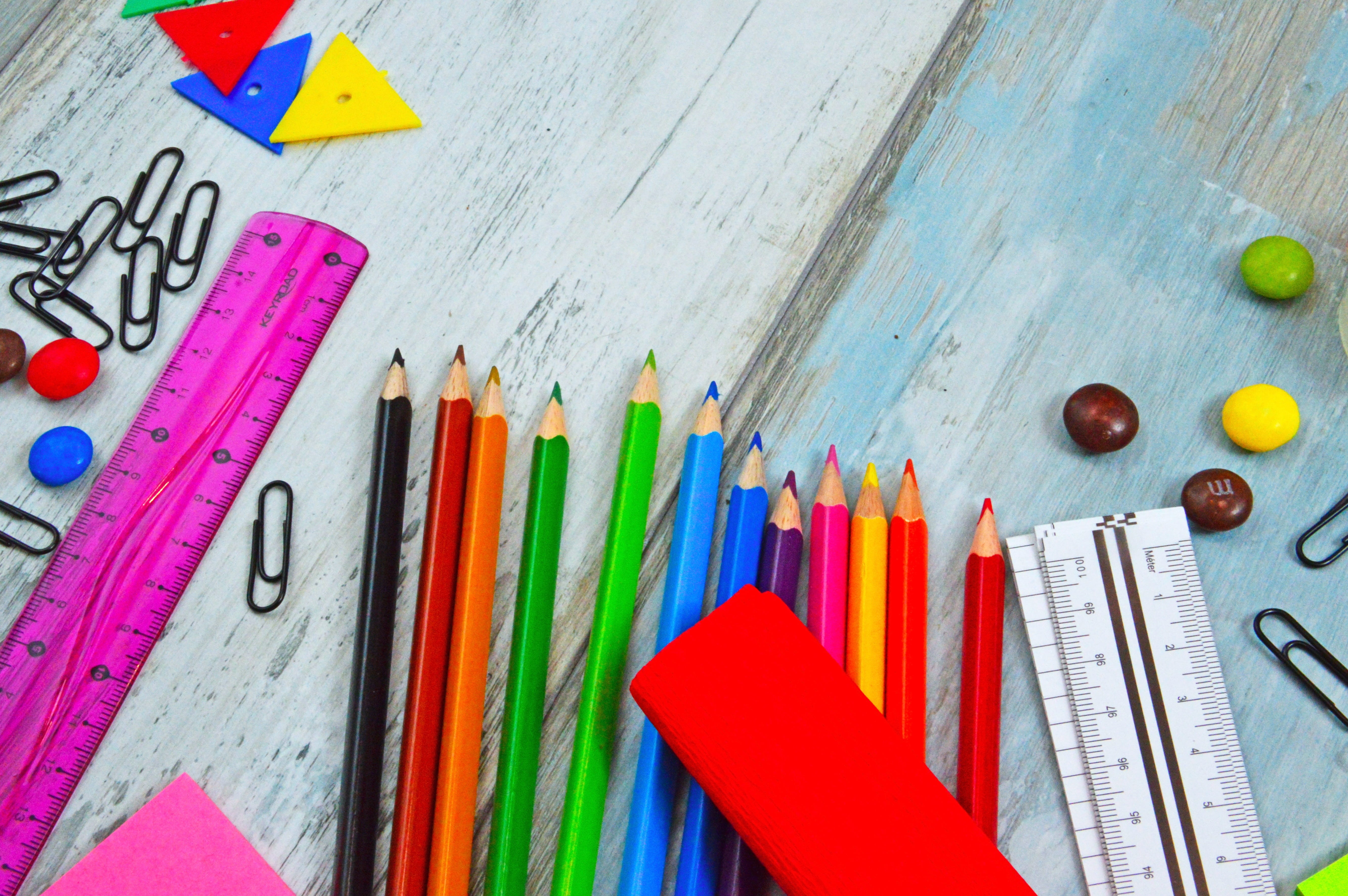pencil, ruler, school supplies, learning, variation, 5K, education, paint, high angle view, back-to-school package, school starts, writing instrument, HD Wallpaper