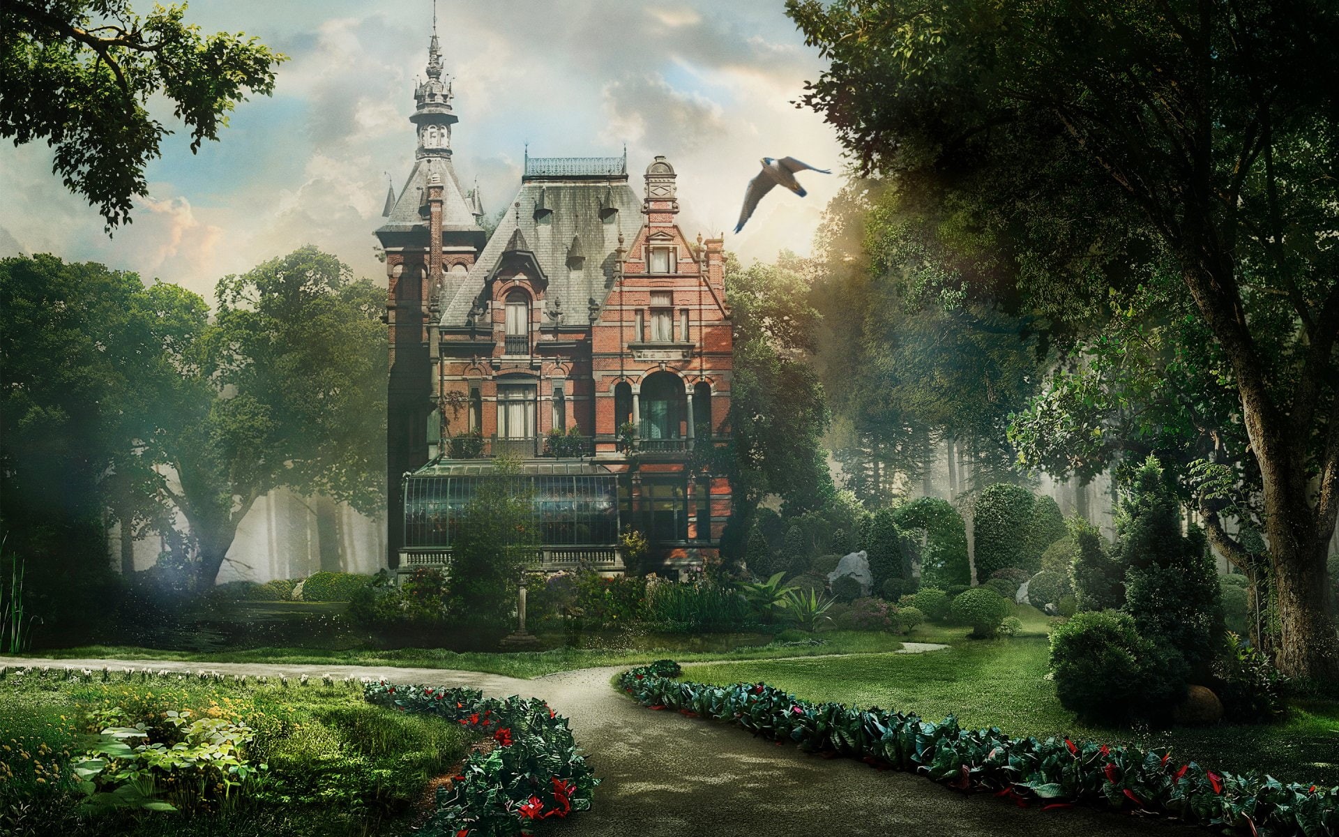 Fantasy, House, 1080P, Mansion, Tree, Garden, HD Wallpaper