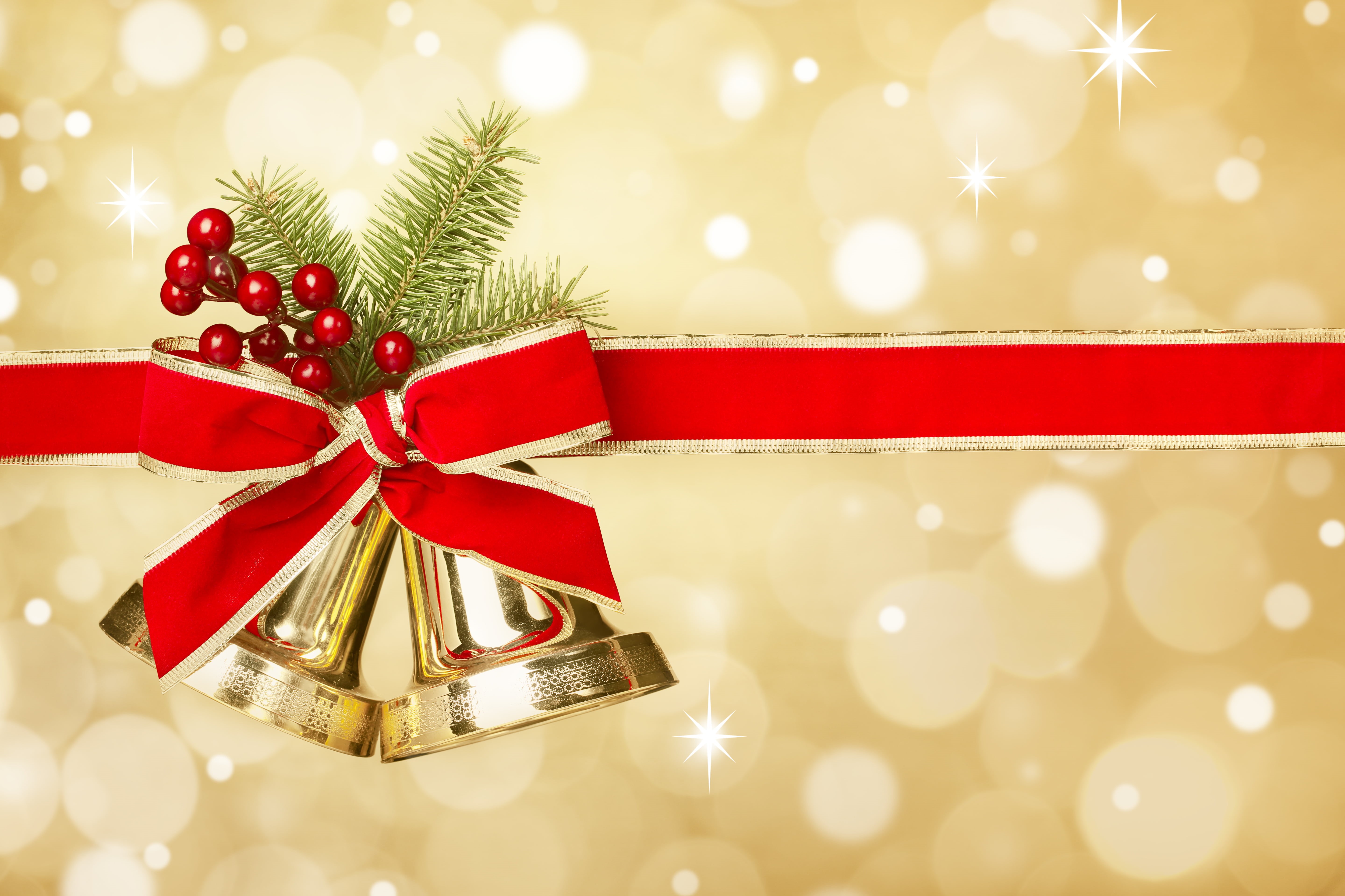 Holly, glare, bow, gift box, christmas tree, christmas ornament, gold, holiday, box - container, 5K, illustration, decoration, ribbon - sewing item, bell, HD Wallpaper