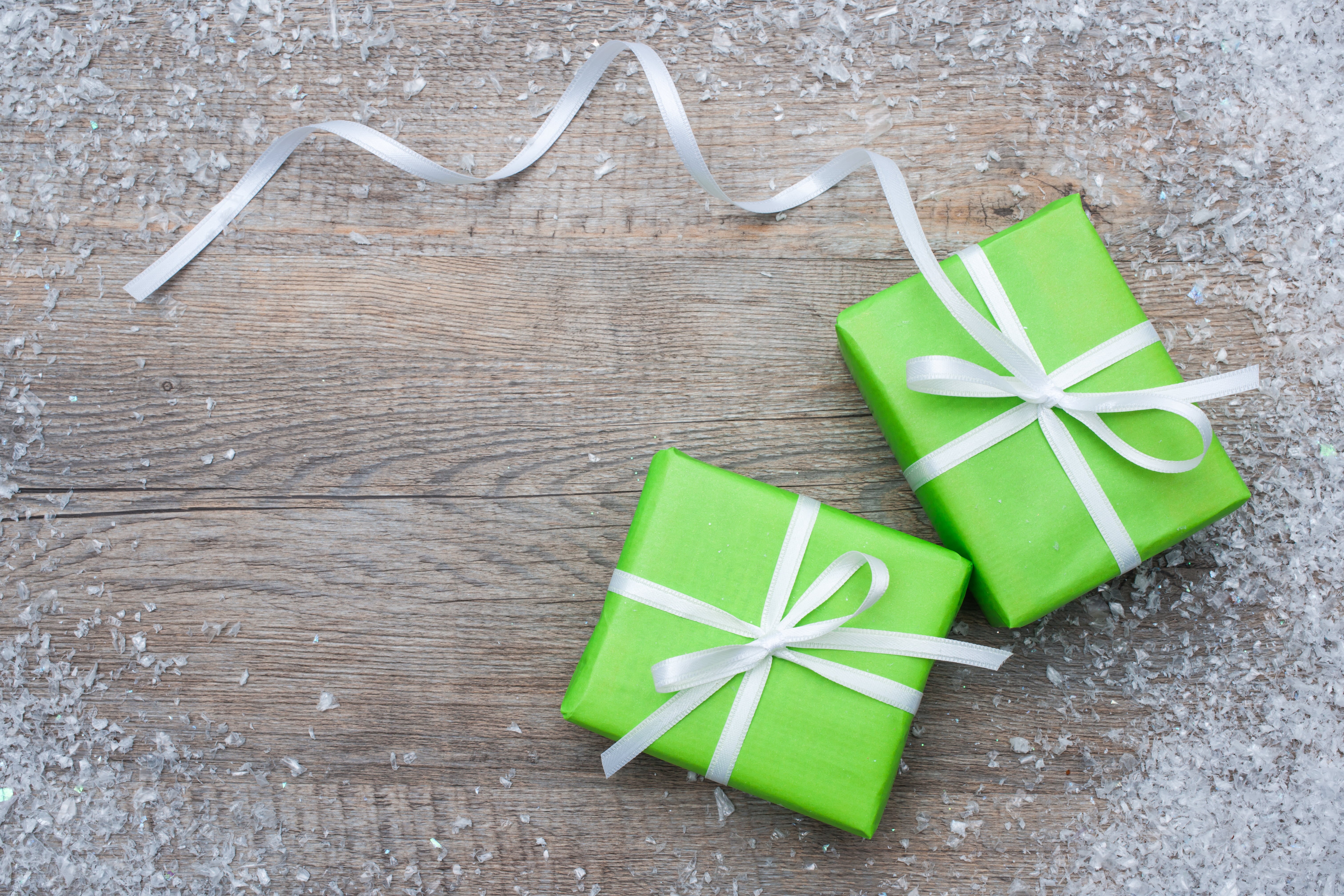 holiday, celebration, Christmas, ribbon - sewing item, still life, green, bow, gift, two, high angle view, gift box, boxes, ribbon, box, New Year, tied bow, HD Wallpaper