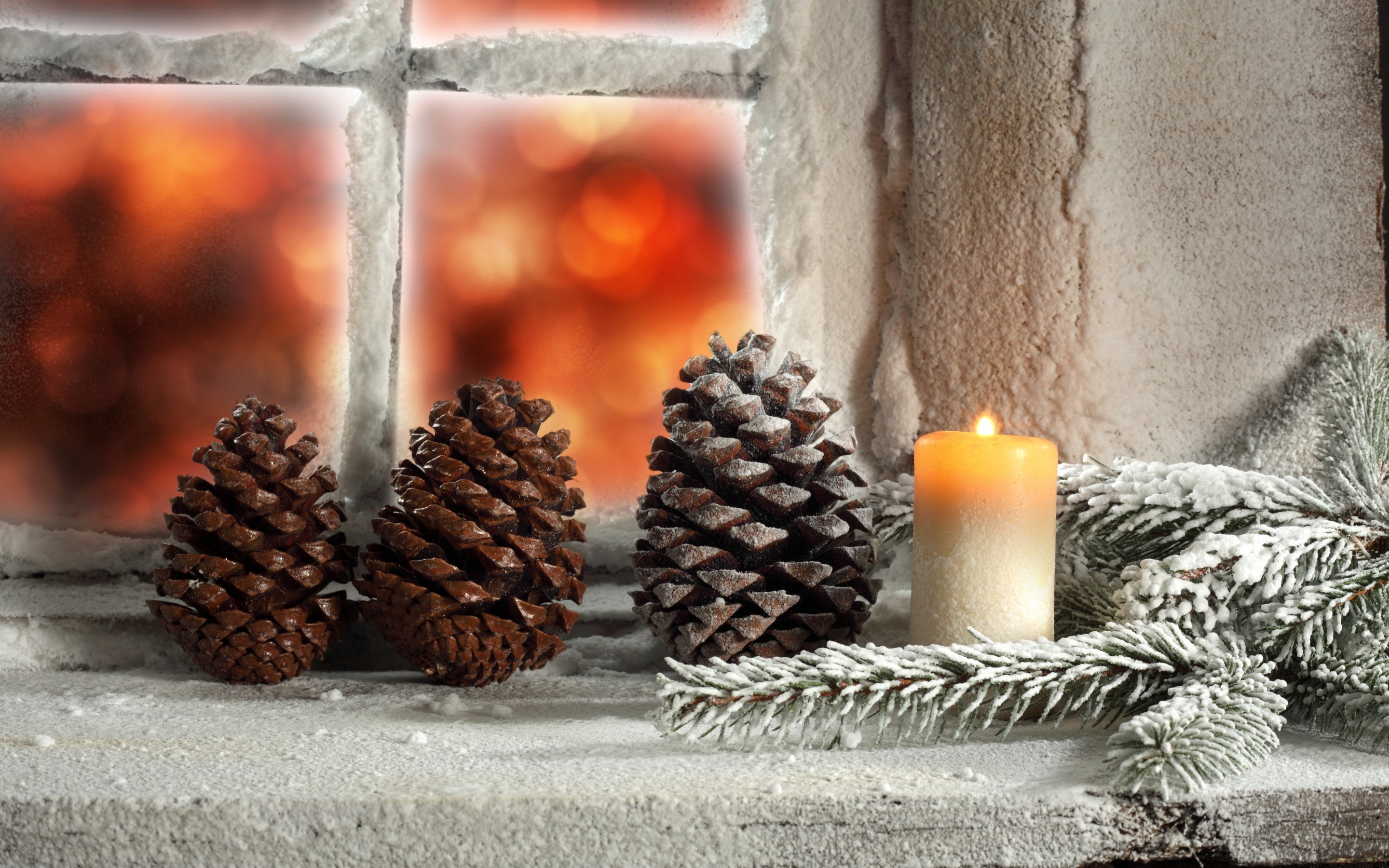 Holidays, Merry Christmas, window, winter, 2K, Christmas, fir cone, candle, light, cone, snow, fir, HD Wallpaper