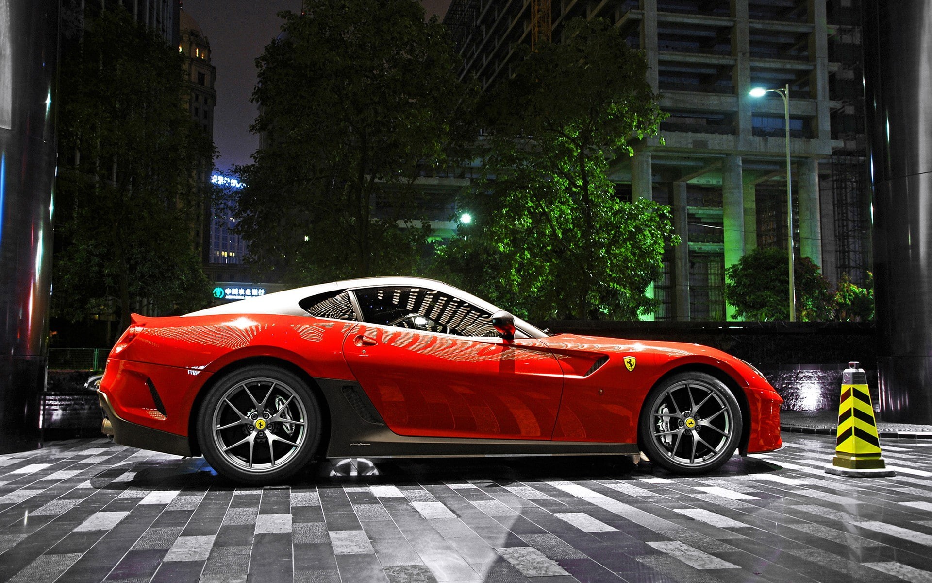 sports car, Ferrari, tree, 1080P, built structure, garage, outdoors, illuminated, land vehicle, night, city, architecture, retro styled, car, red cars, HD Wallpaper