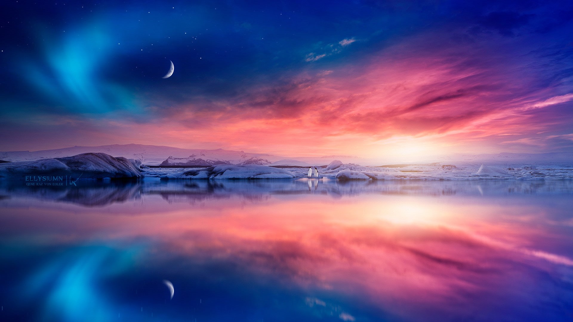 penguin, lake, 1080P, reflection, beauty in nature, dramatic sky, water, cloud - sky, no people, reflection lake, landscape, tranquility, scenics - nature, HD Wallpaper