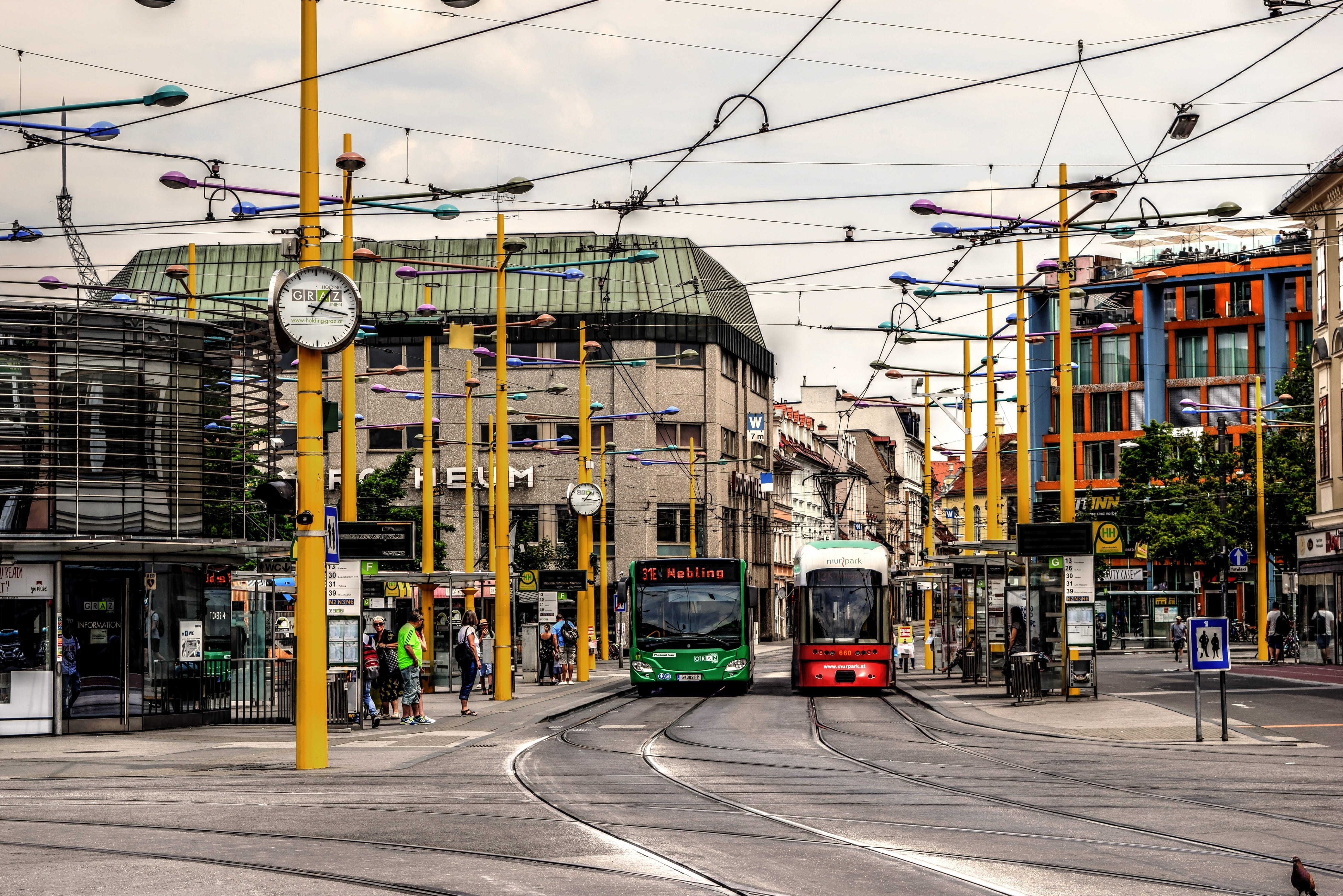 electricity, architecture, jakominiplatz, green, incidental people, building exterior, cable car, tram, two, street, public transportation, motor vehicle, HD Wallpaper