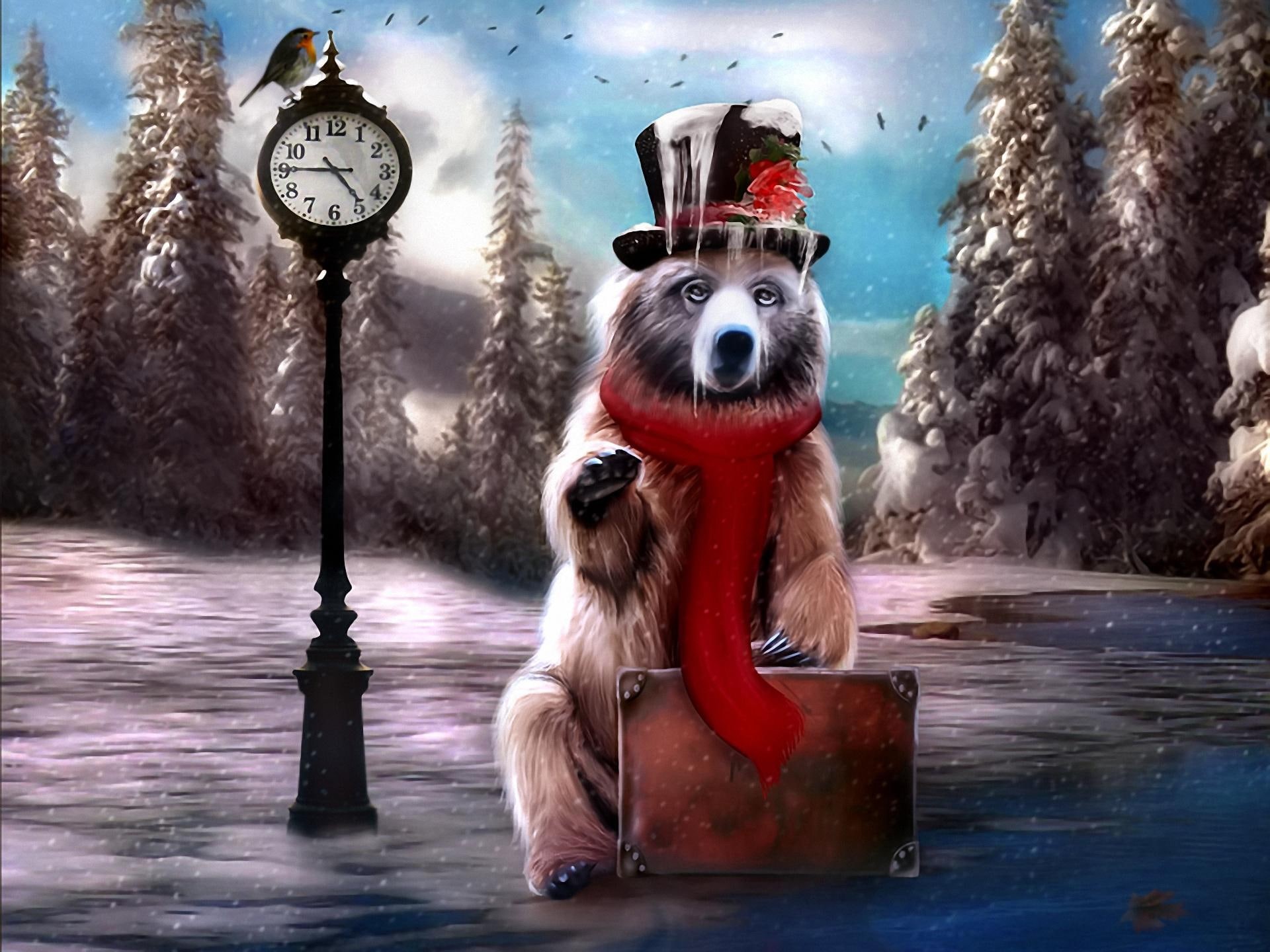 painting, 1080P, bus stop, snow, winter, clock, suitcase, travelling, bear, trees, 3d and abstract, HD Wallpaper