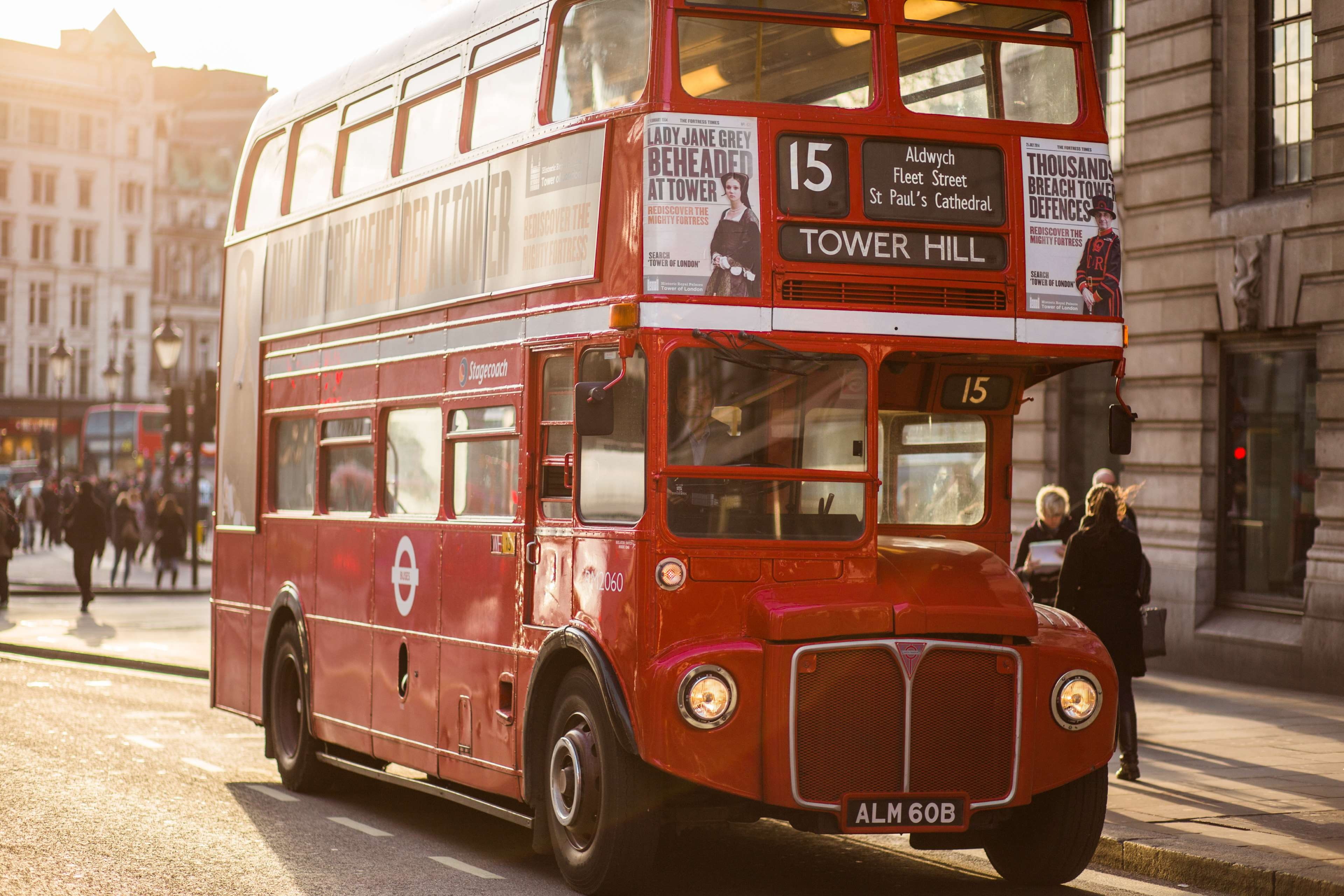 transportation, built structure, mode of transportation, traffic, sign, golden hour, crosswalk, road, city life, red, incidental people, double-decker bus, HD Wallpaper