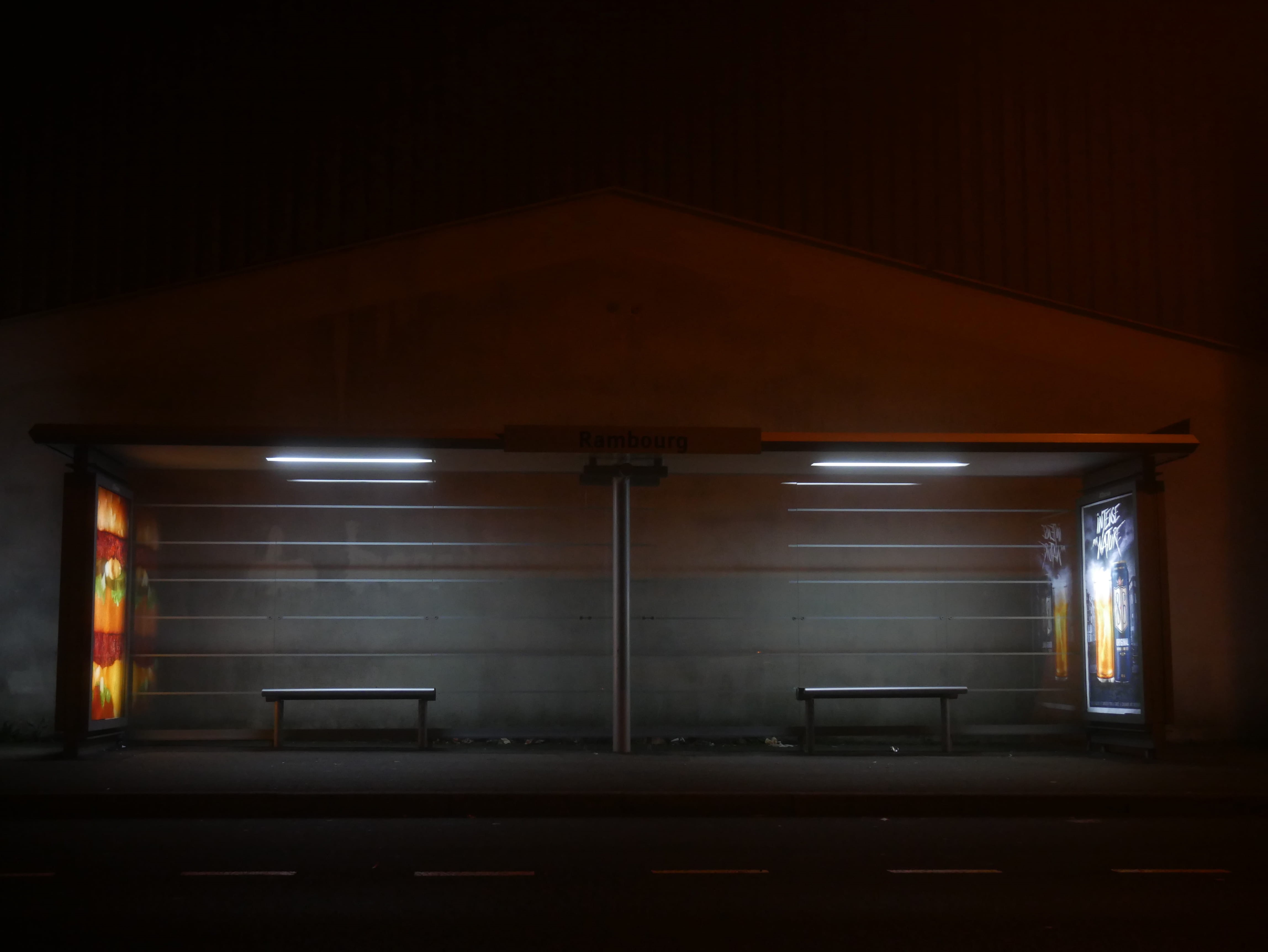 parking lot, neon, empty, transportation, dark, subway, indoors, public transportation, bus stop, illuminated, built structure, parking garage, ceiling, HD Wallpaper