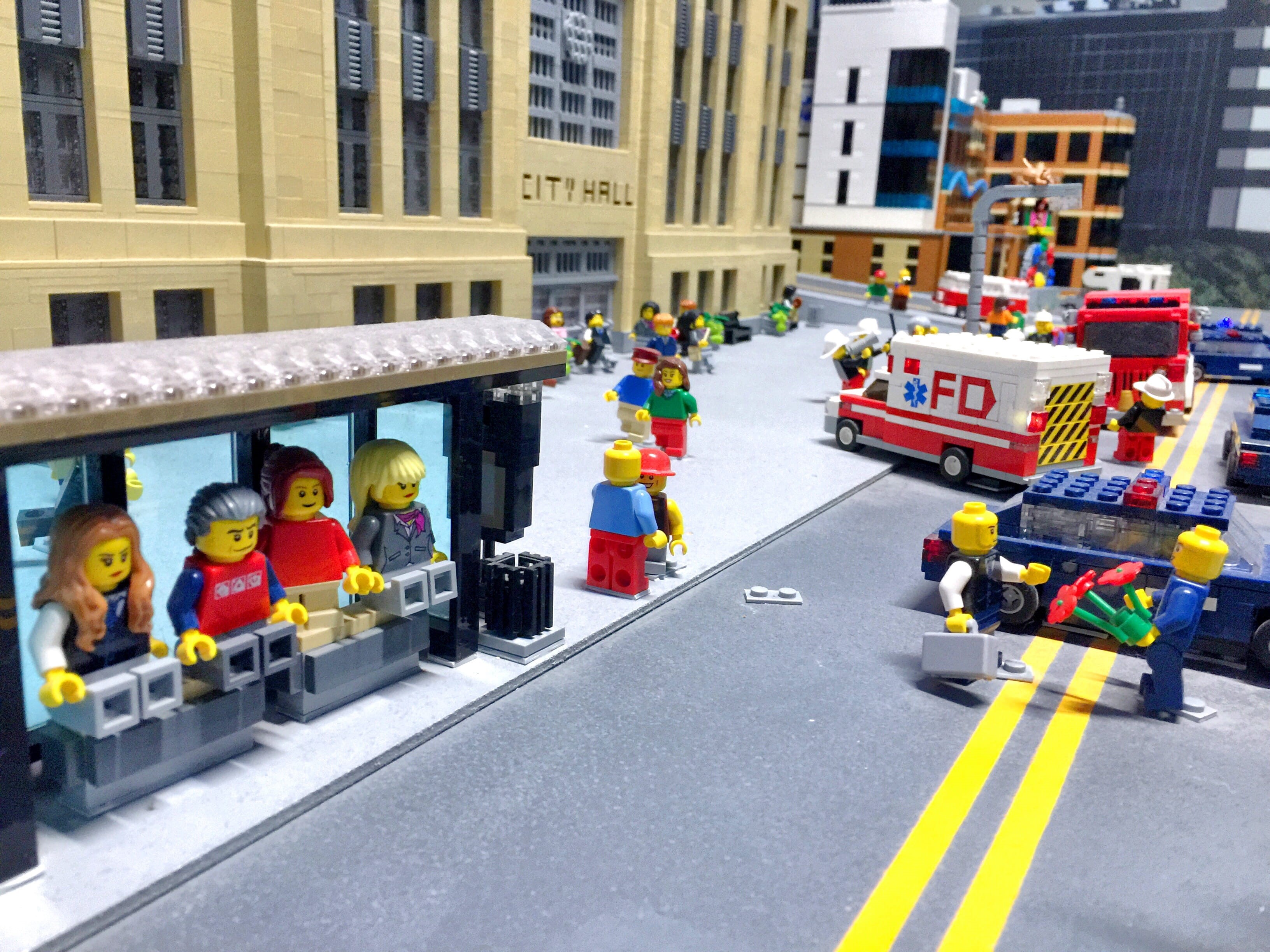 urban Scene, built structure, street, People, group of people, Lego, bus stop, motor vehicle, sign, day, cute, friends, young, transportation, fire truck, HD Wallpaper